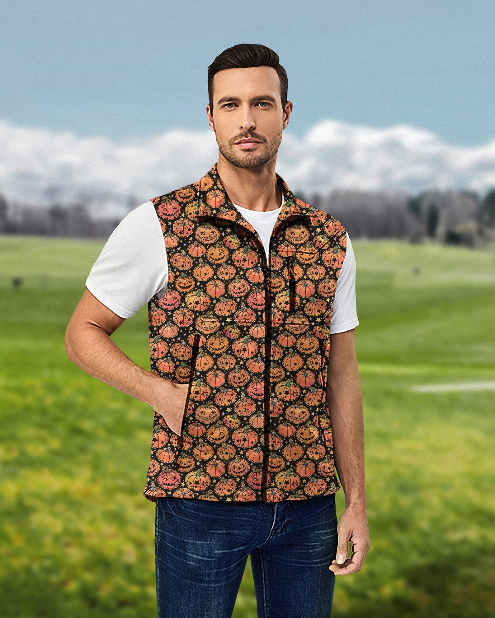 Men's Halloween Star Pumpkin lightweight softshell vest with pumpkin and bones pattern, sleeveless, windproof and waterproof for golf.