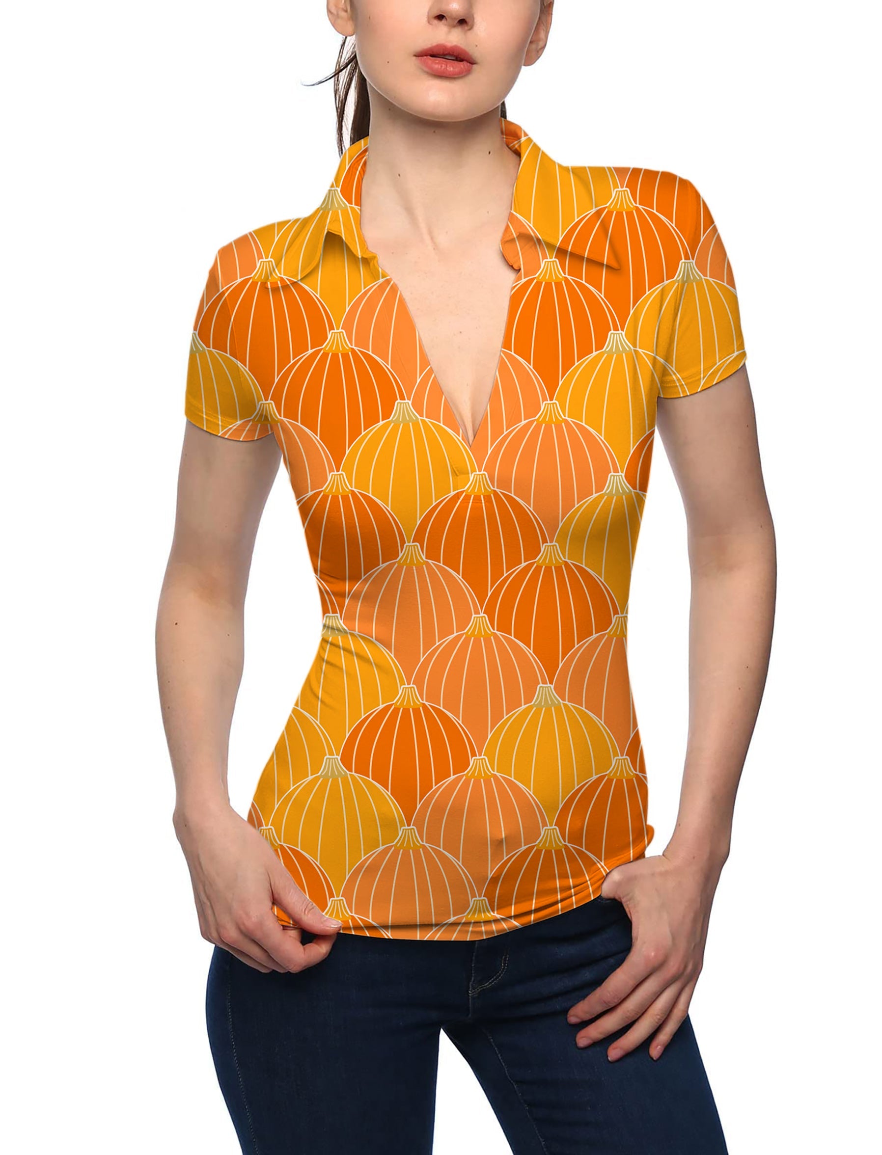 Women's Halloween Thanksgiving pumpkin bones themed V-neck golf polo shirt with orange pumpkin pattern and stand collar