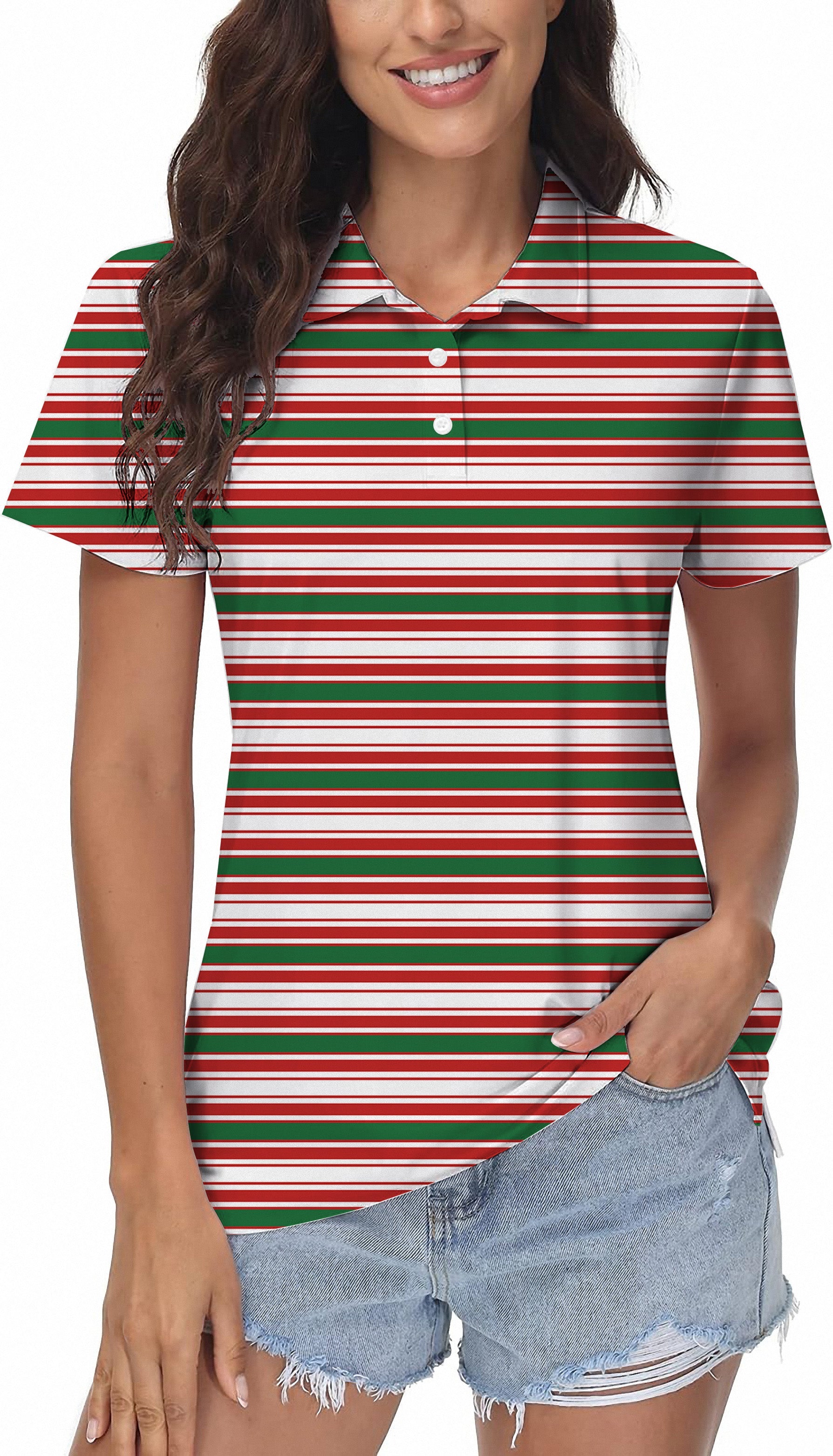 Striped Christmas women's golf polo shirt with red, white, and green horizontal stripes, tailored fit, moisture-wicking fabric, and UPF 40+ protection