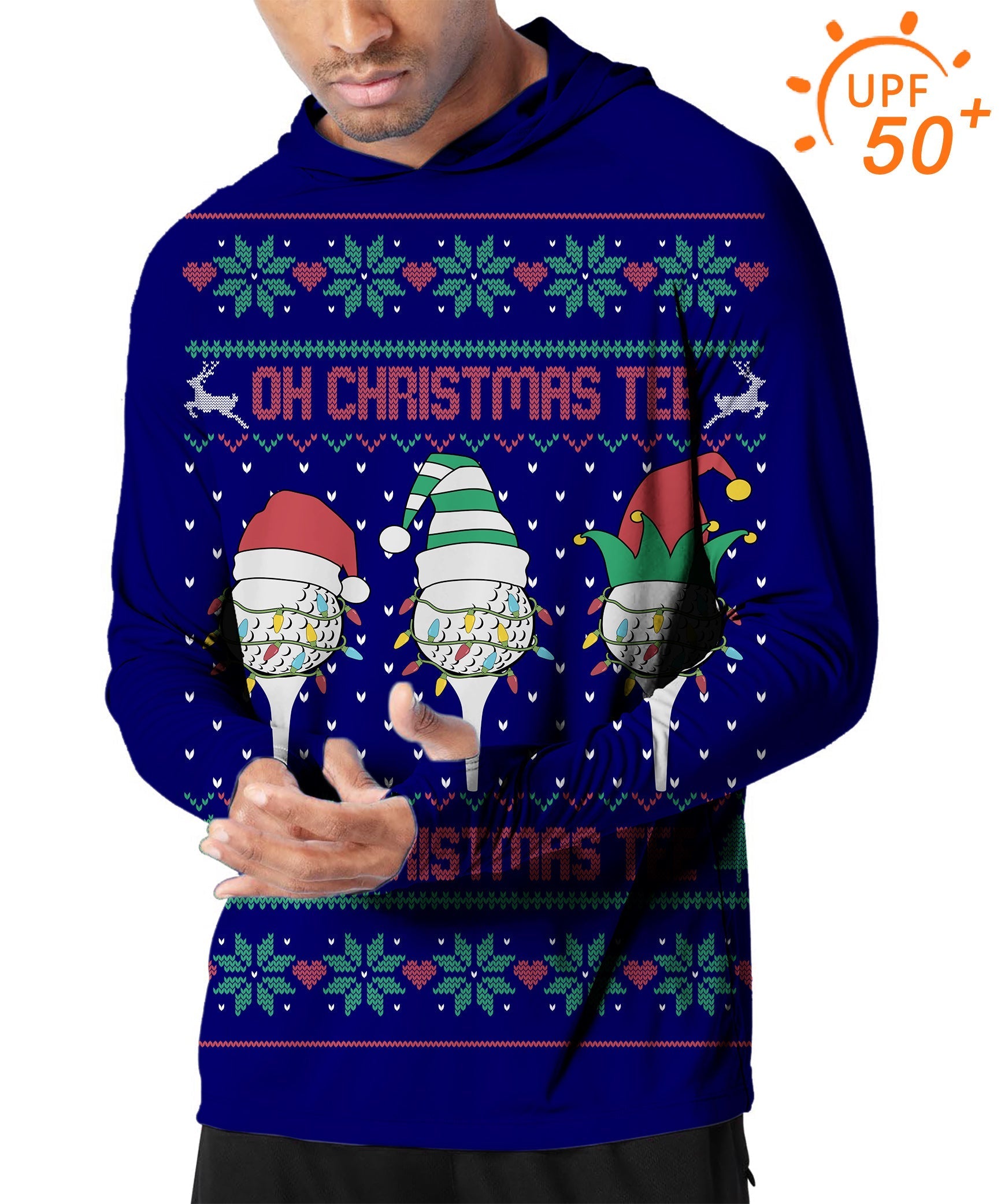 Men's outdoor navy Christmas slim fit hoodie with sun protection UPF 50+ and festive golf design