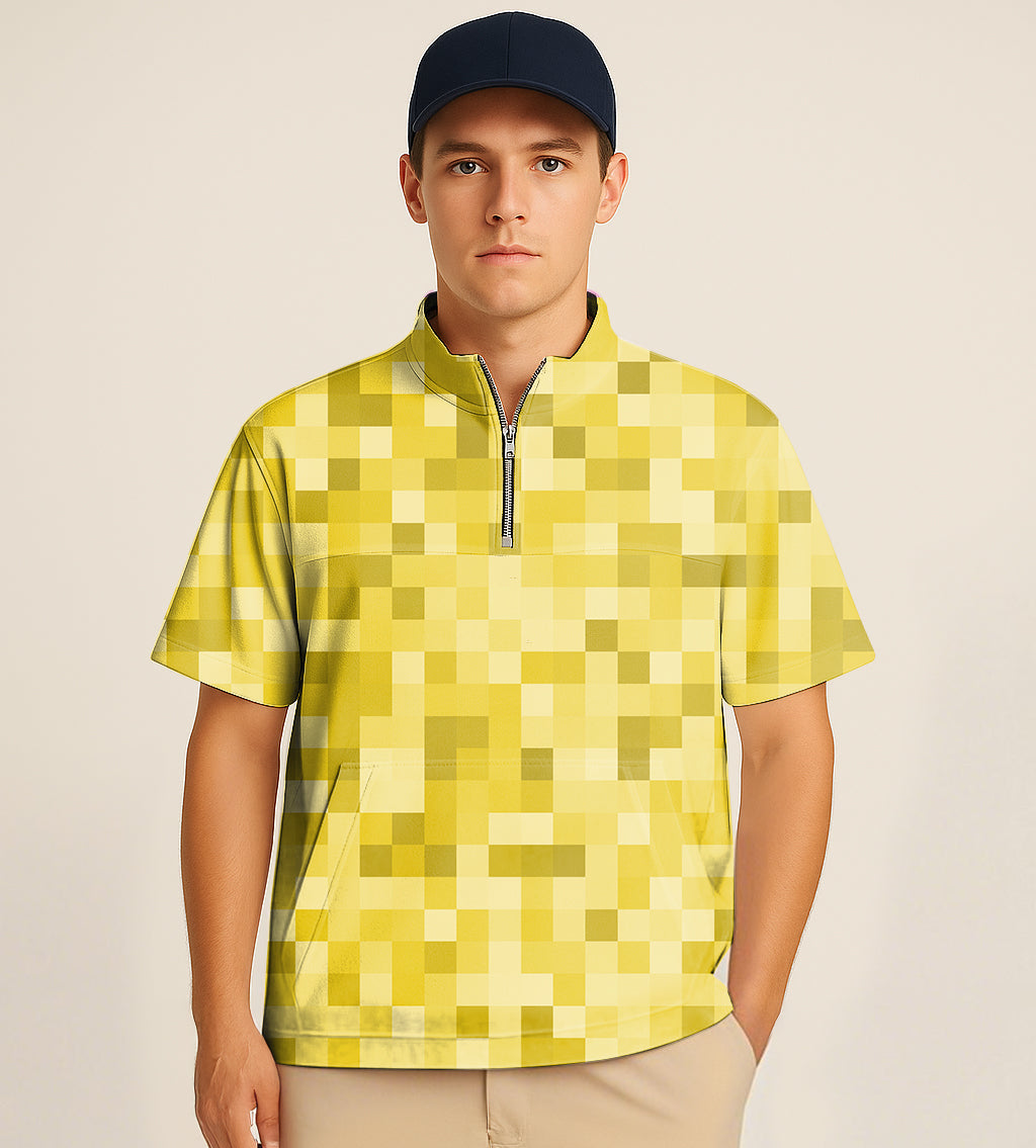 Yellow pixel-patterned half zipper turtleneck golf short shirt with big embroidery worn by man