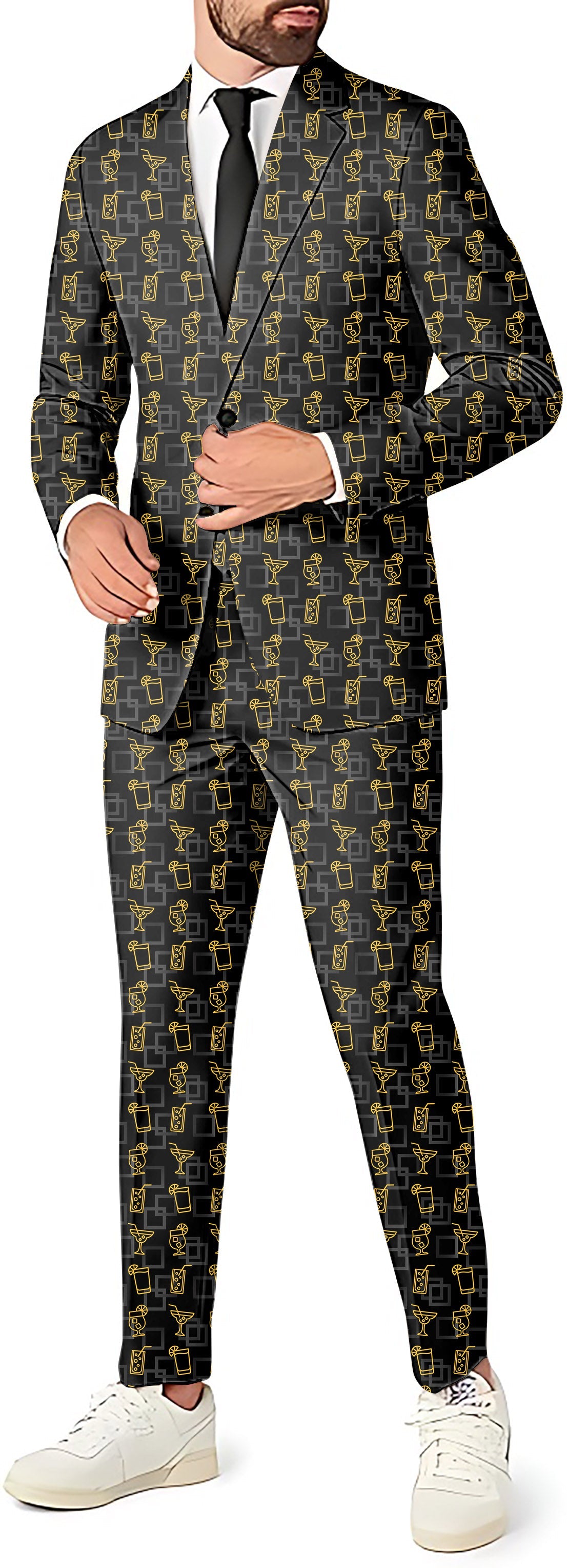 Men's cocktail drink themed party suit with blazer, pants, and vest in slim fit design
