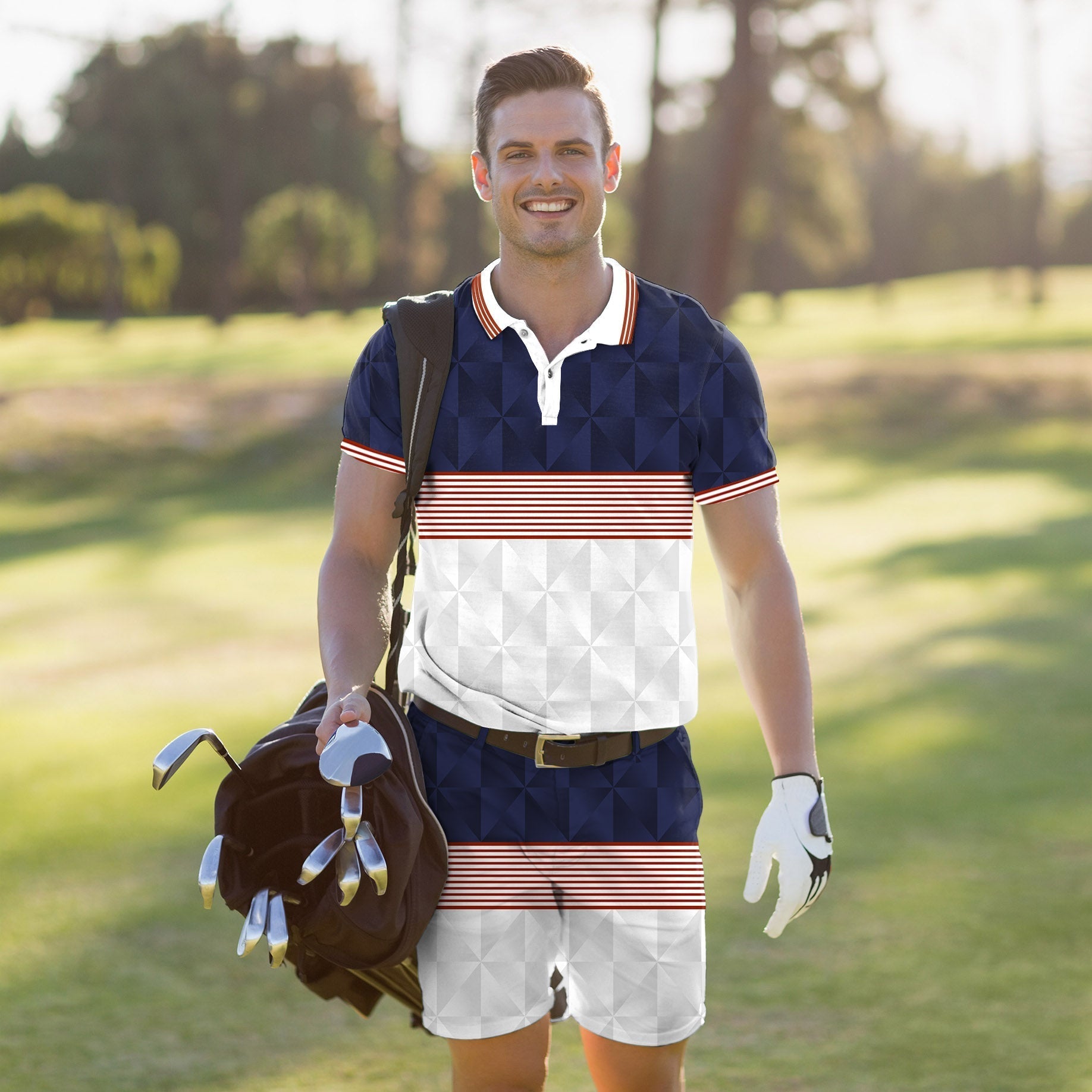 Men's golf set with custom striped polo and shorts, moisture-wicking, four-way stretch, UPF 40+ protection, wrinkle-resistant fabric, and classic fit for sport and business casual.
