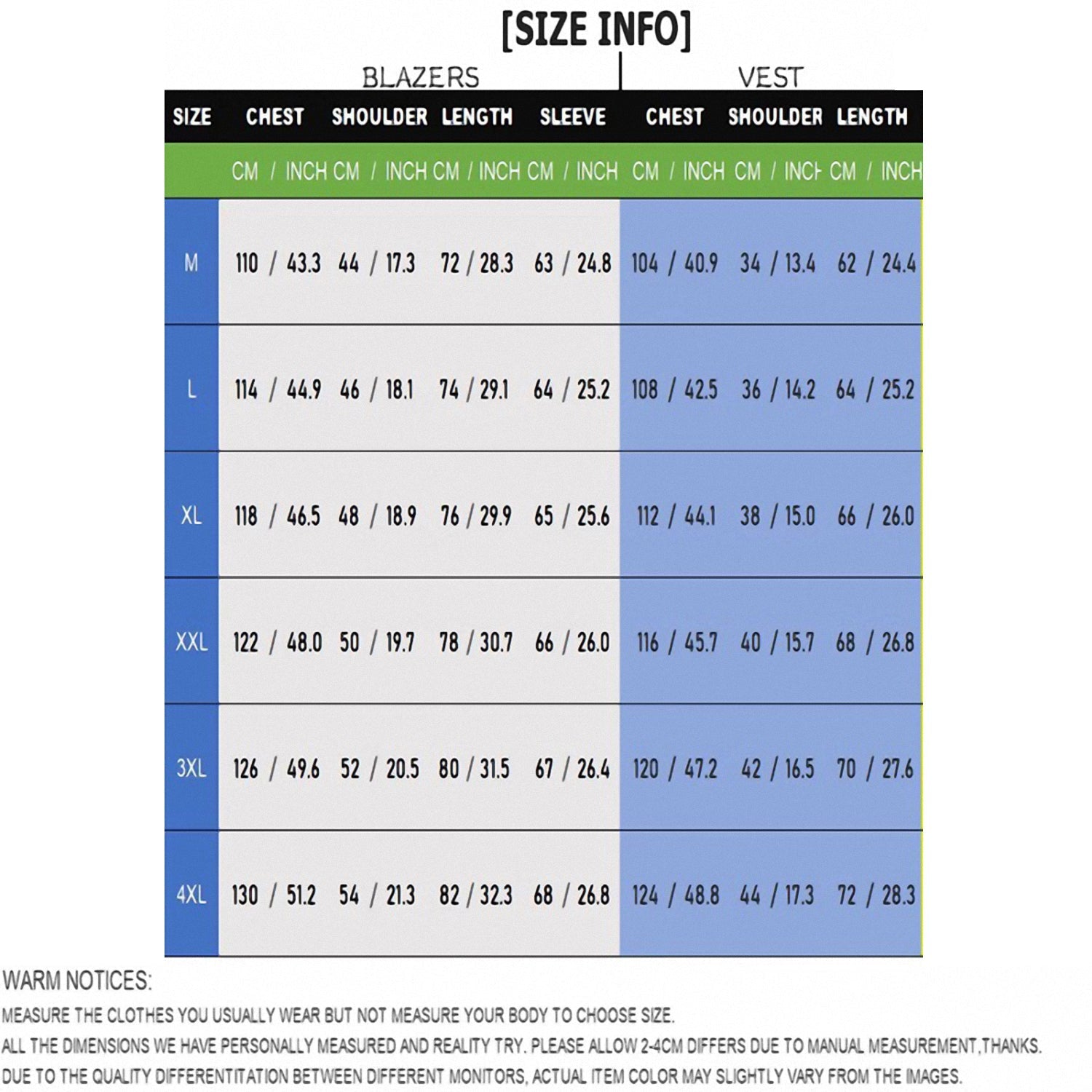 Size chart for Christmas Santa dance men's party costume suit set with blazer, pants, and vest measurements in cm and inches