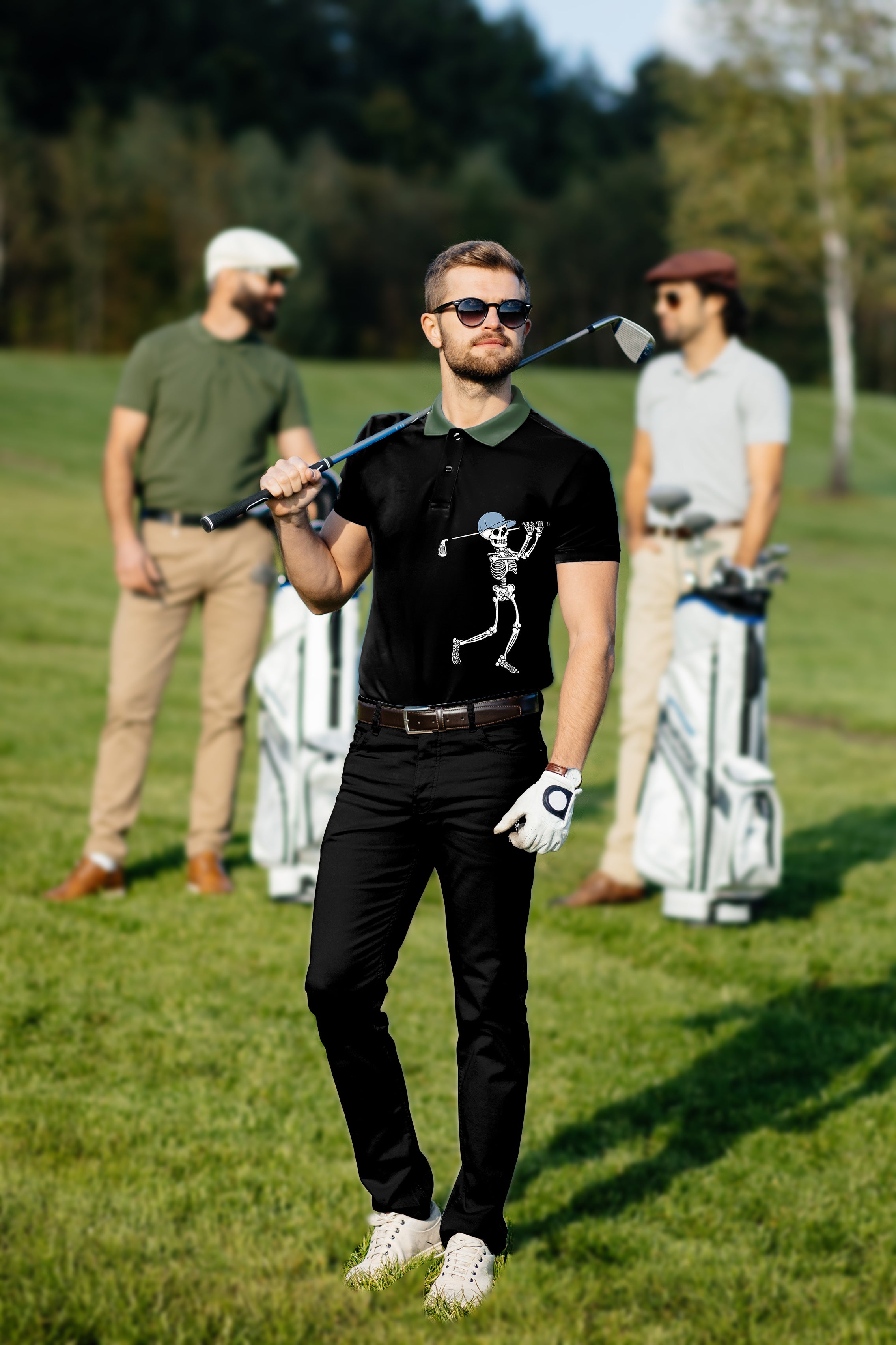 Men's Golf Set Polo+Pants Blue Green Black Halloween Skeleton Golf