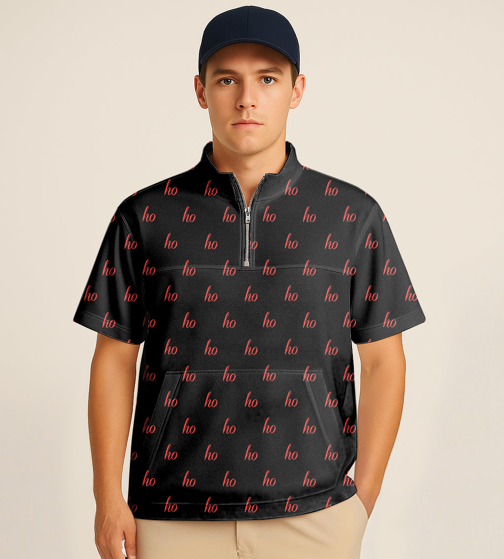 Black half zipper turtleneck golf short shirt with red custom name embroidery and Christmas "ho" pattern