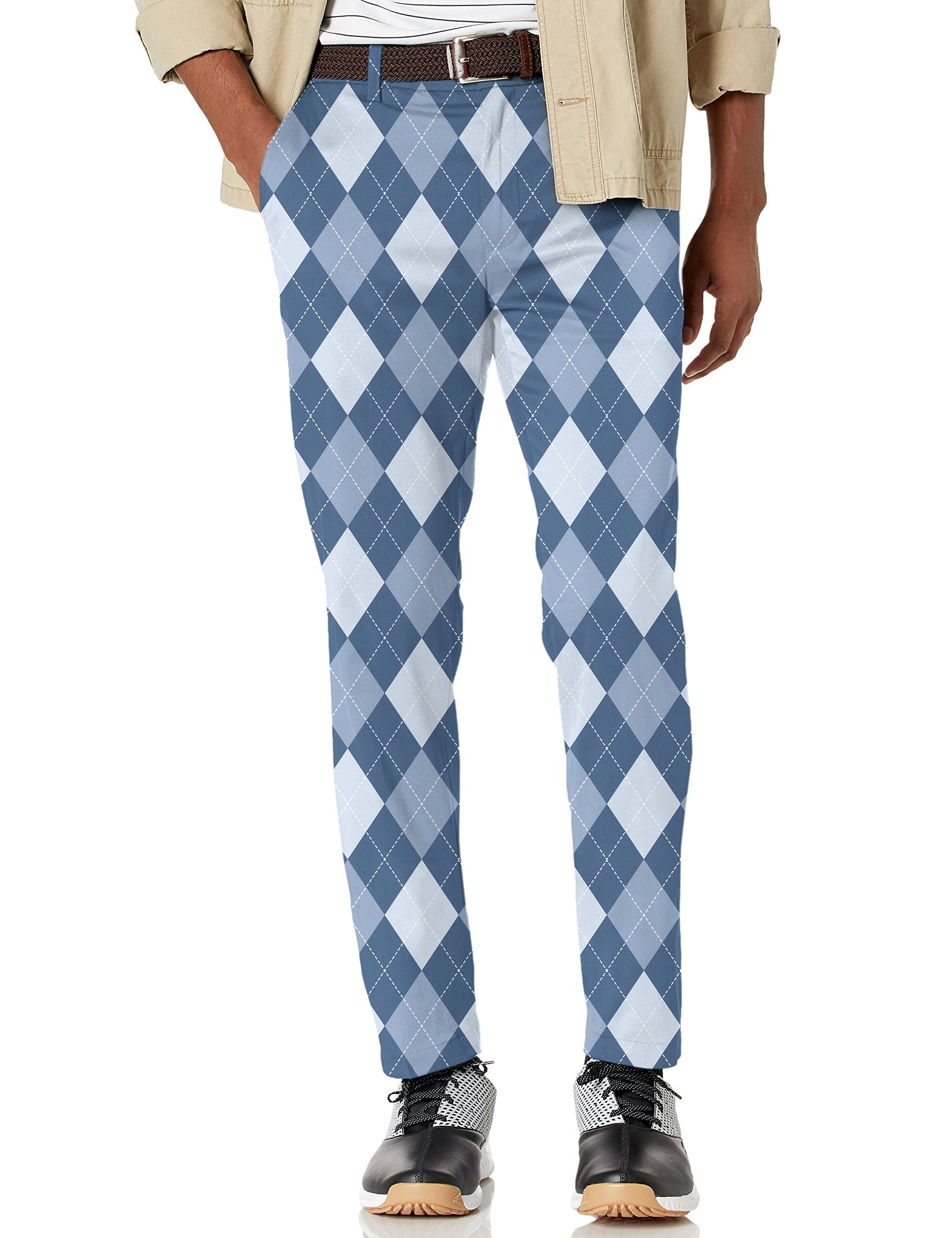 Men's blue argyle stretch golf pants with moisture-wicking and wrinkle-resistant fabric