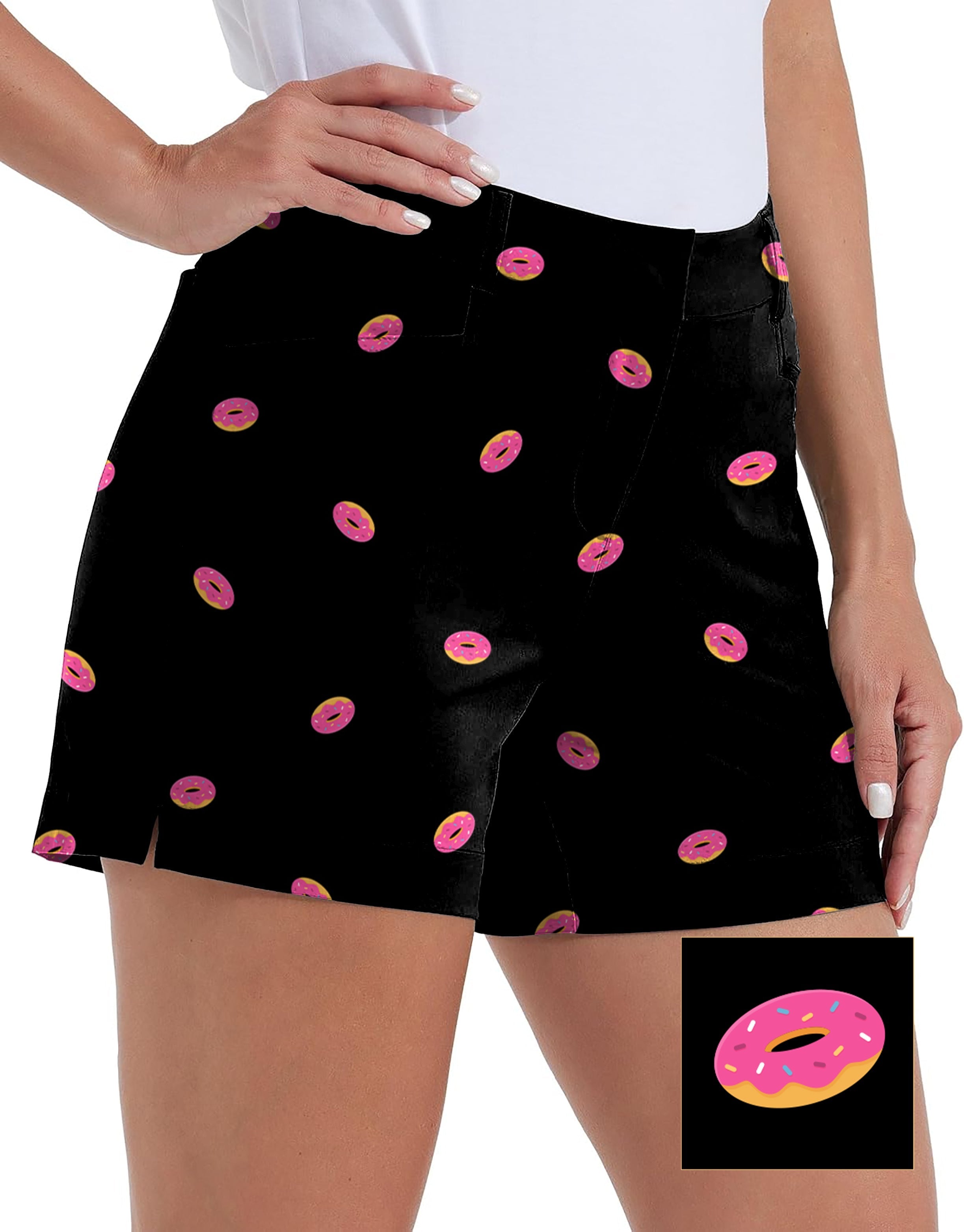 Women’s black quick-drying golf shorts with pink donut pattern and pockets
