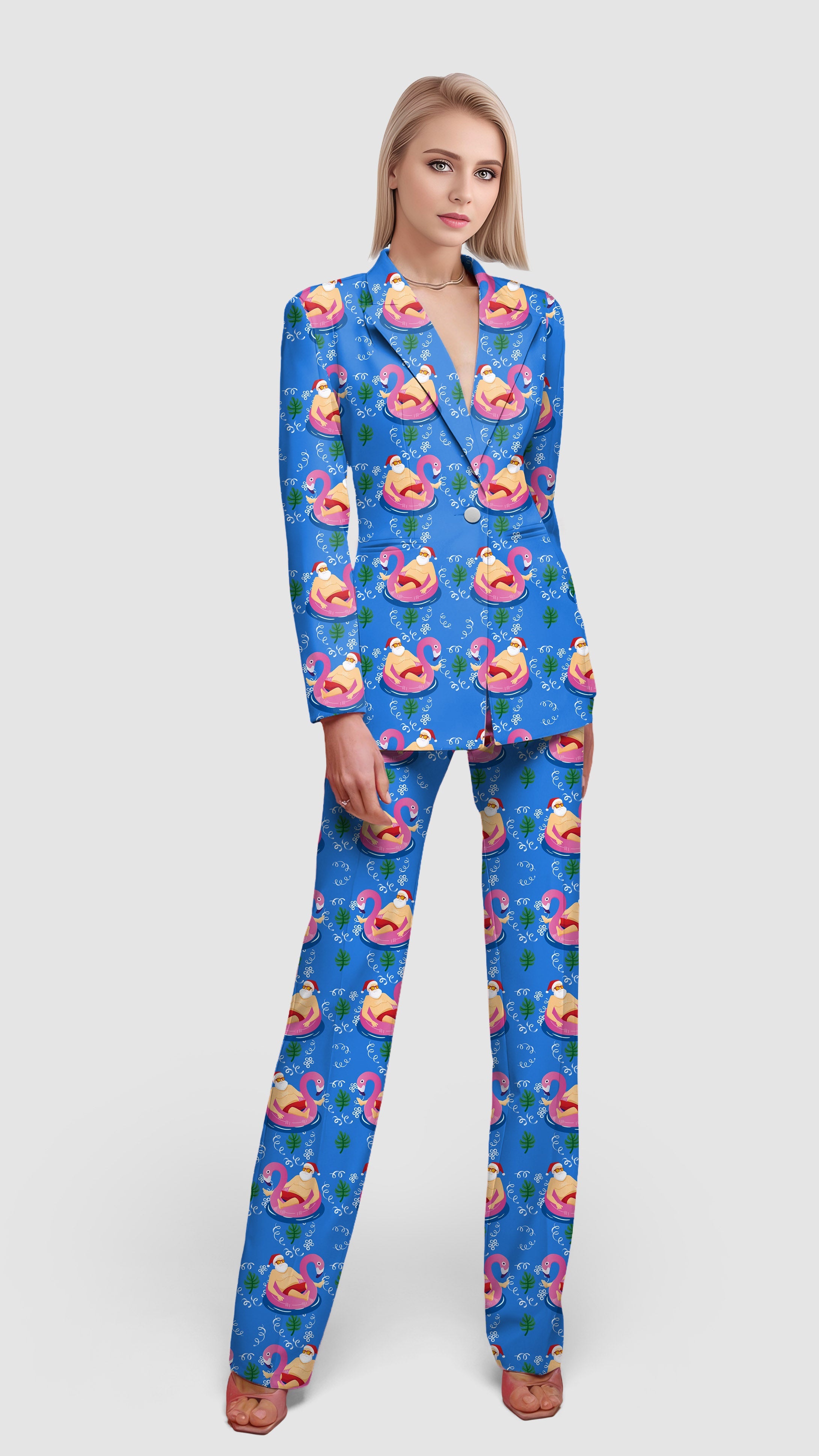 Women's blazer suit set with colorful Santa pool party print, casual work office style.