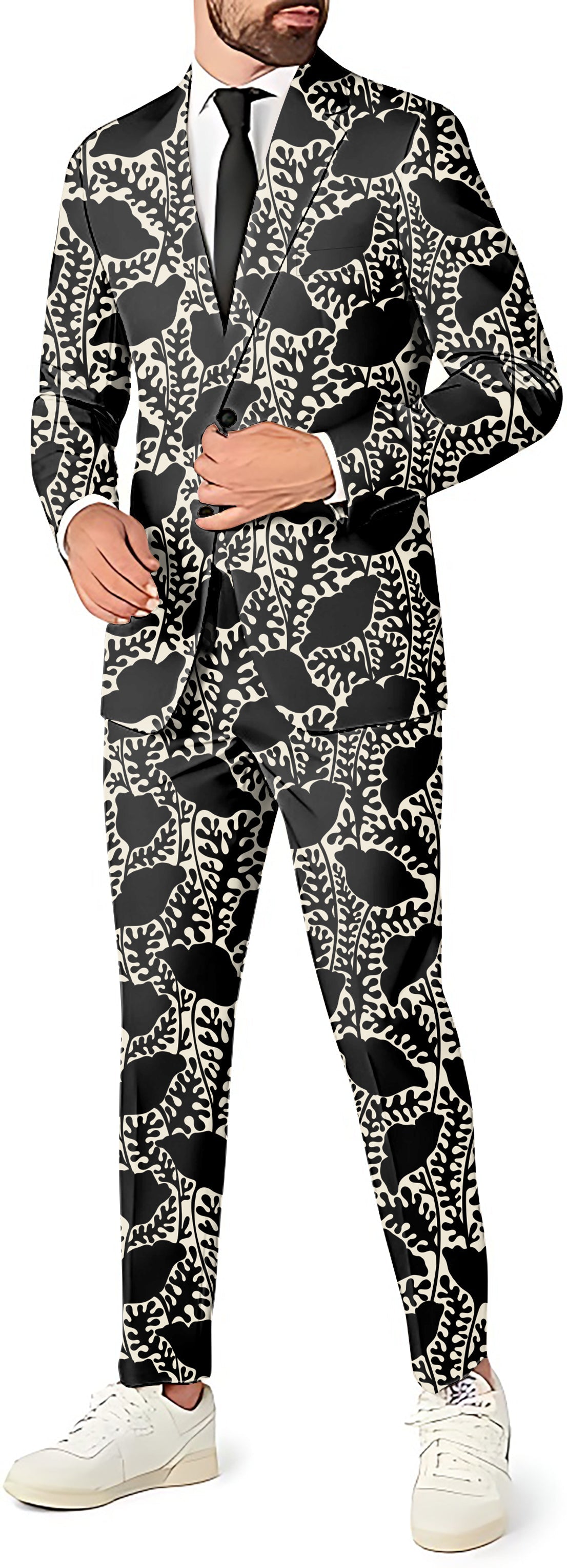 Men's party costume black and white floral blazer, vest, and pants suit set with slim fit design