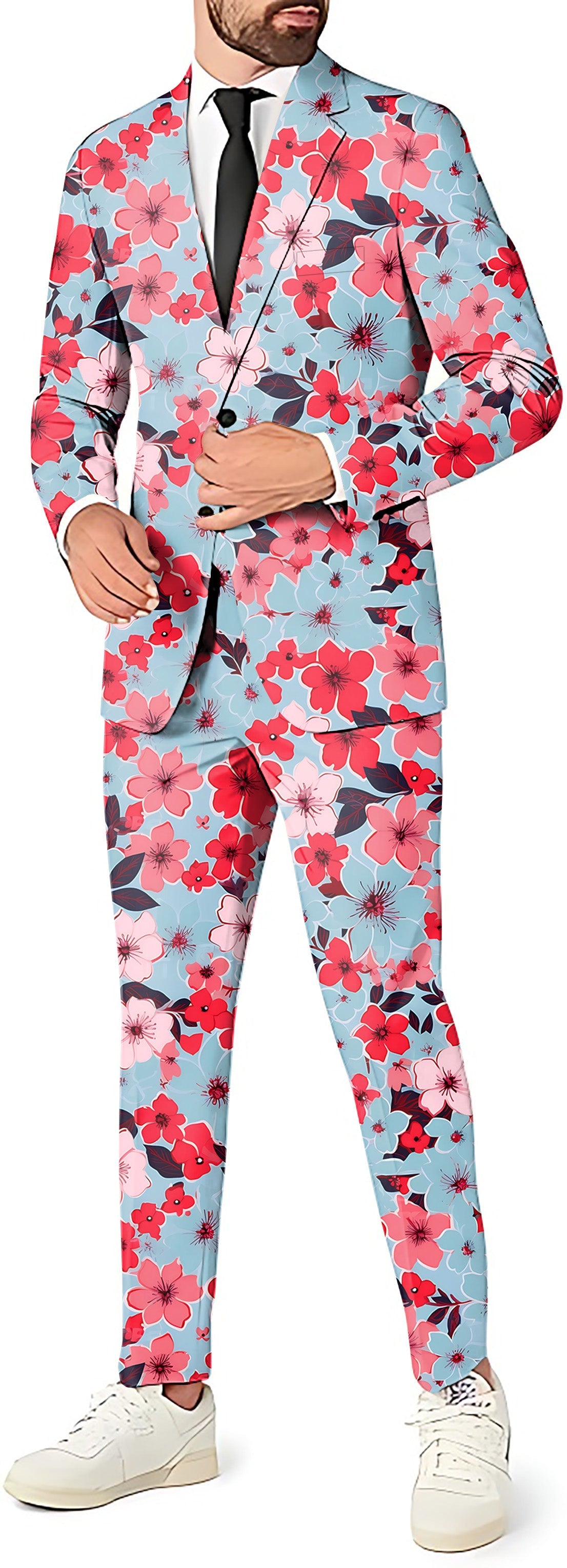 Men's tropical flowers party suit set with blazer, vest, and pants in slim fit design