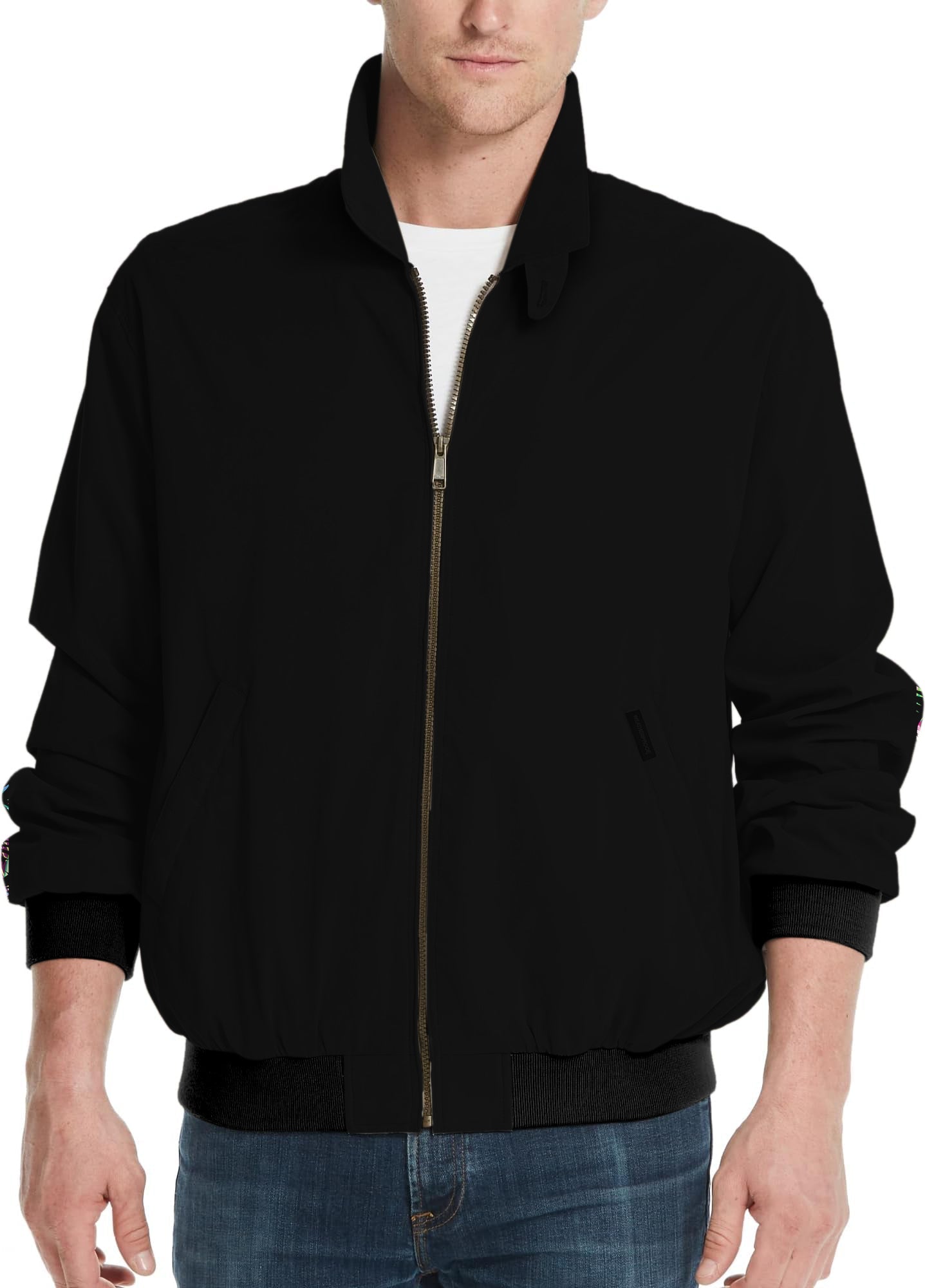 pure black men's golf windbreaker light jacket with zipper and ribbed cuffs