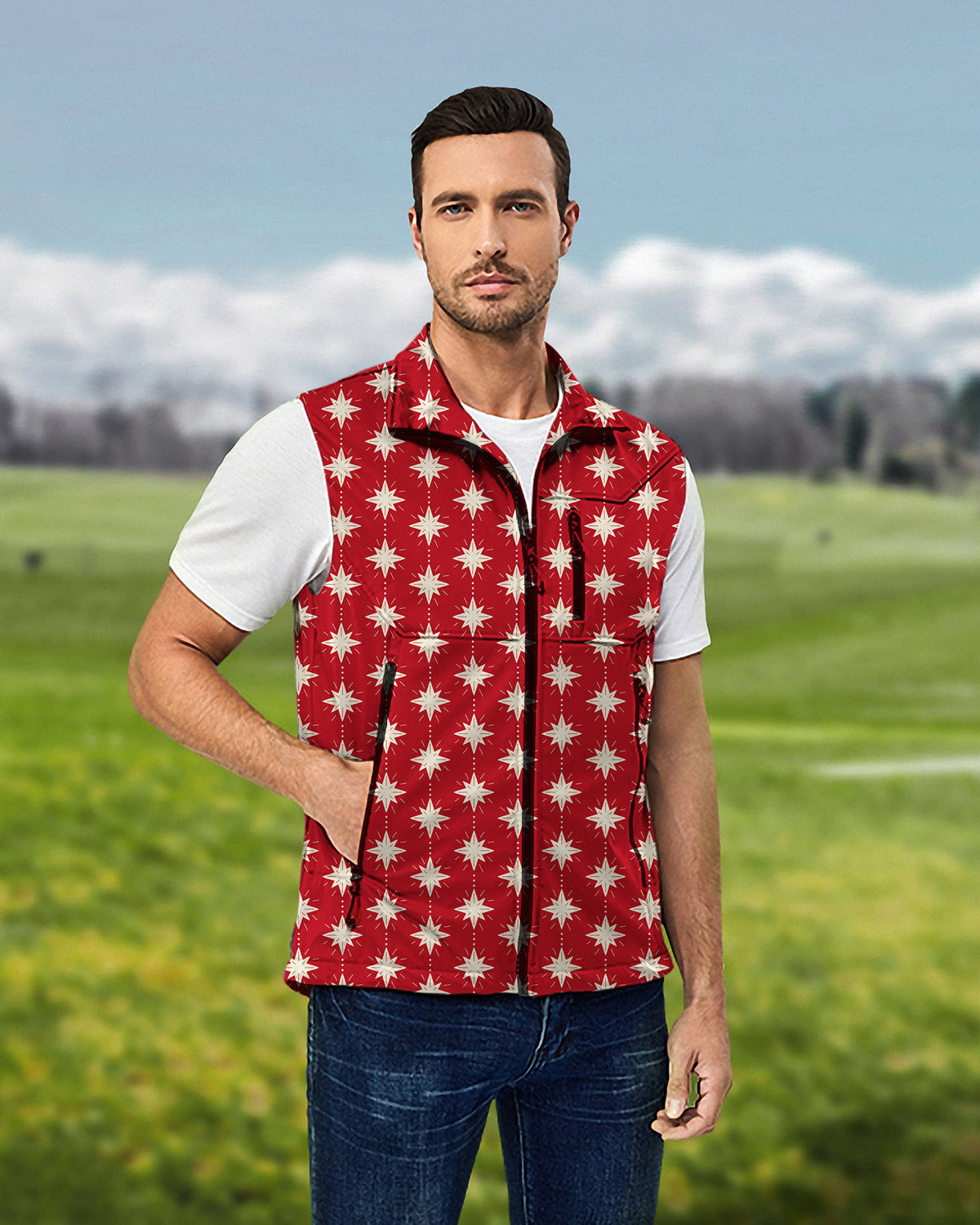 Men's Christmas Star Lightweight Softshell Vest Sleeveless Jacket for Golf Windproof Waterproof