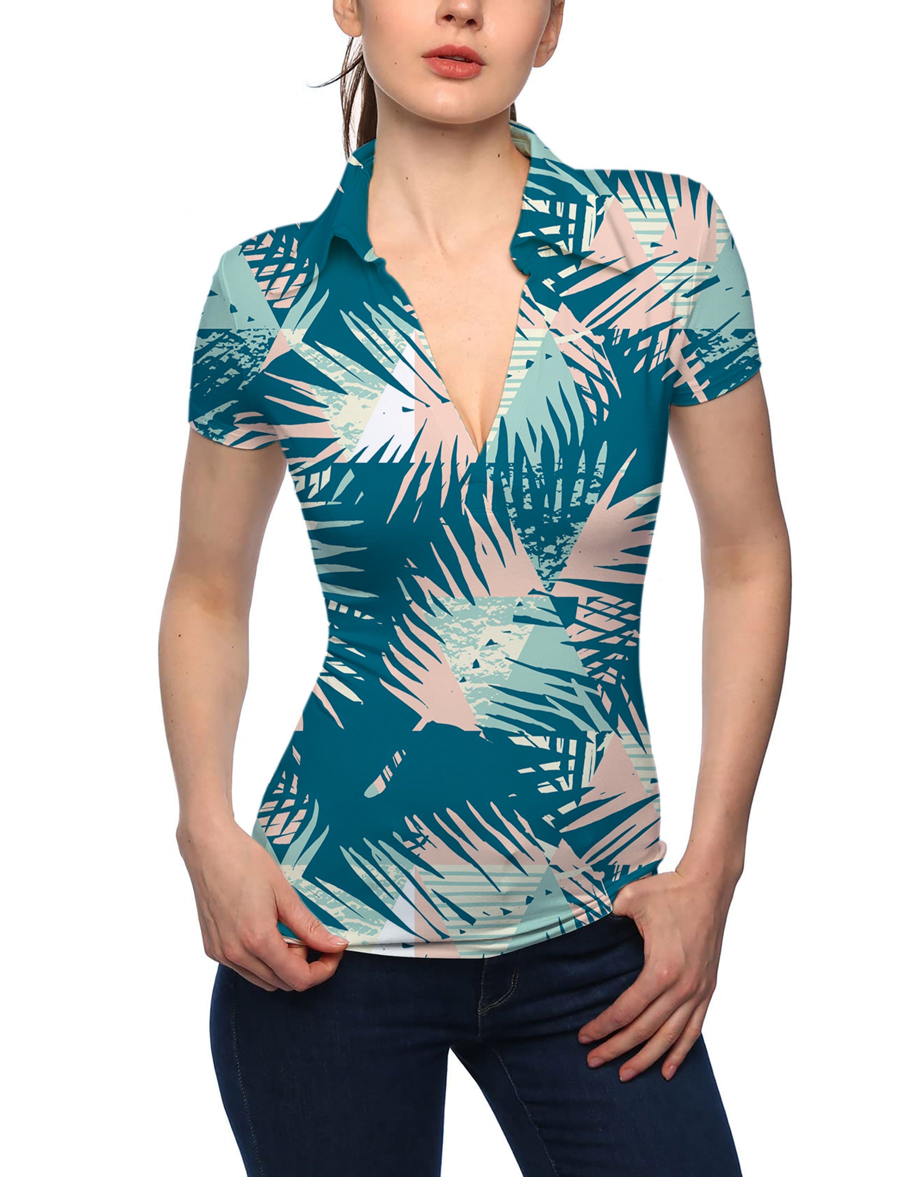 Women's Pastel Jungle V Neck Golf Polo