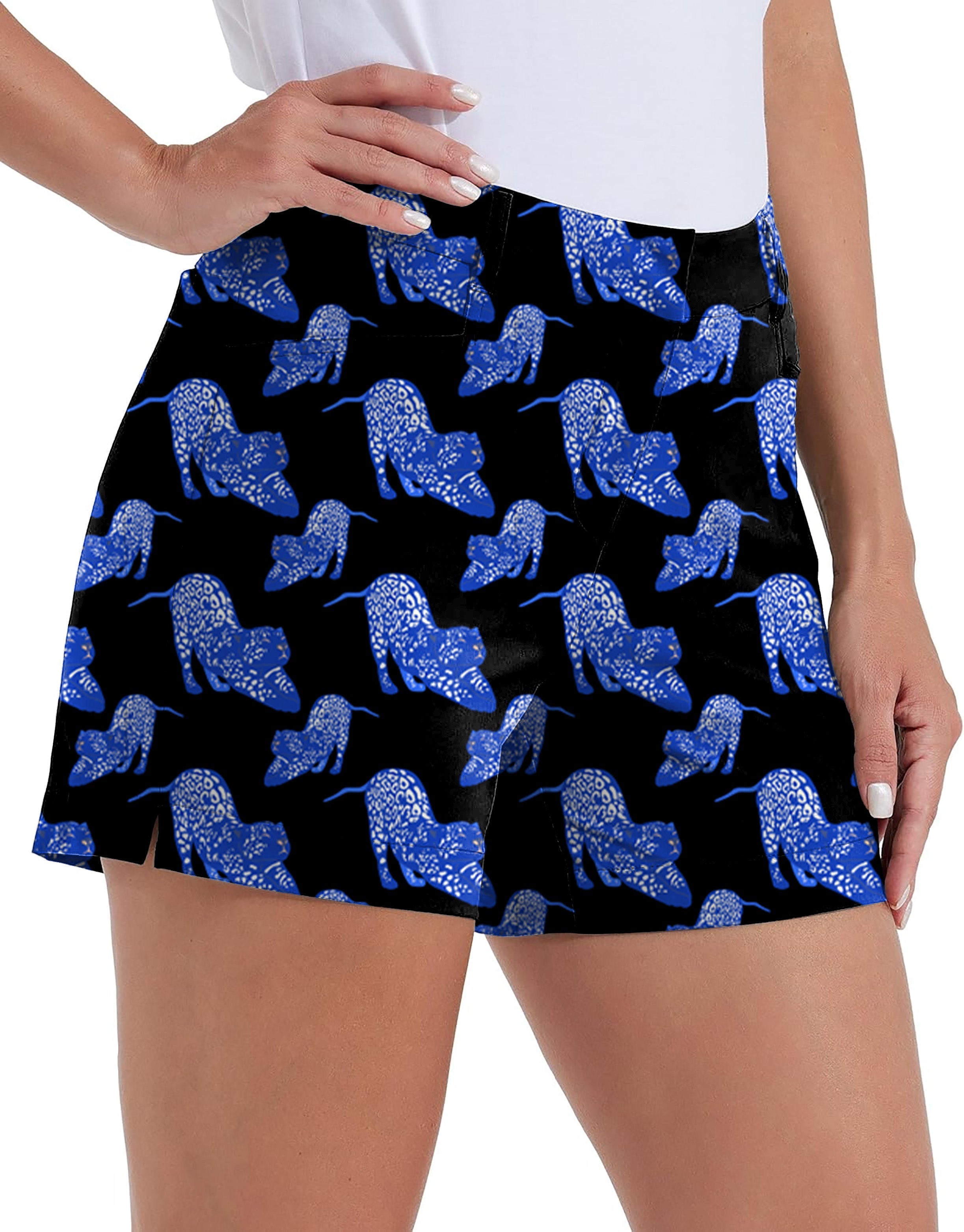 Woman wearing Blue Jaguar Own Logo quick-drying golf shorts with pockets and comfortable stretch design