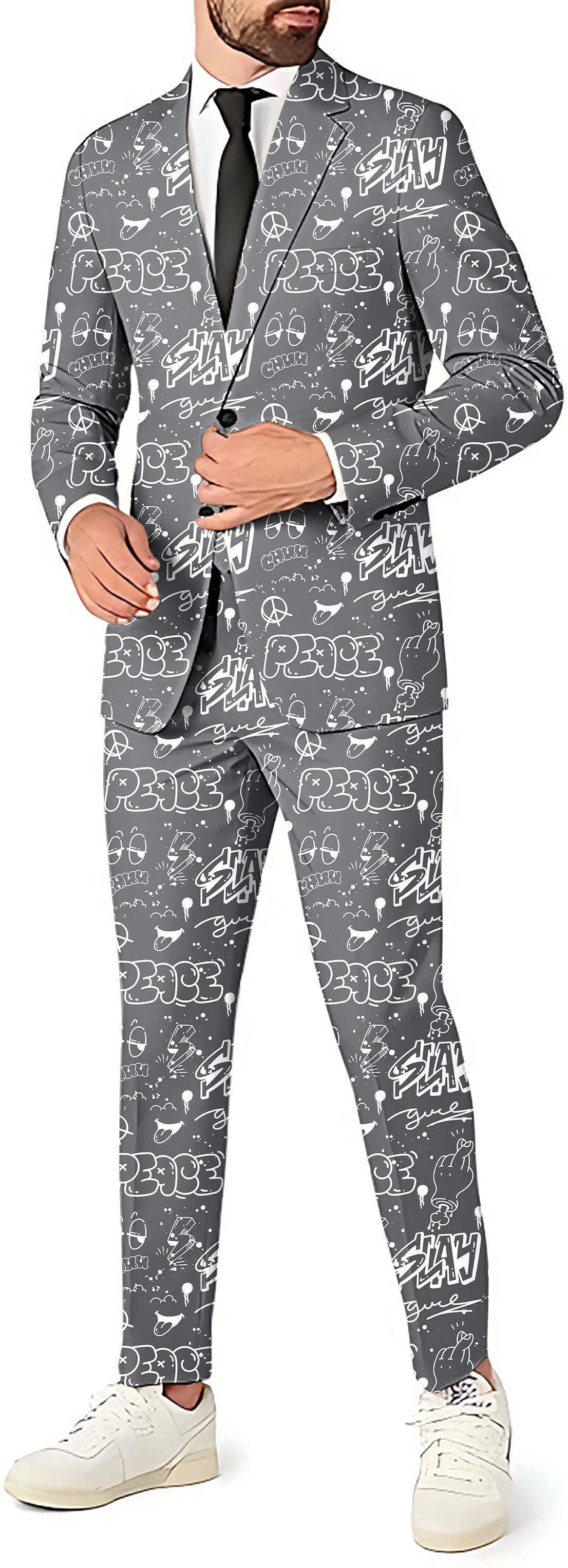 Gray Slay Peace men's party suit set with blazer, pants, and vest for theme parties