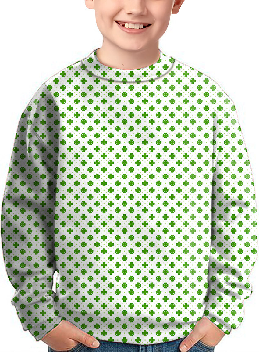 Kids St. Patrick's Day crewneck pullover with green leaf clover pattern