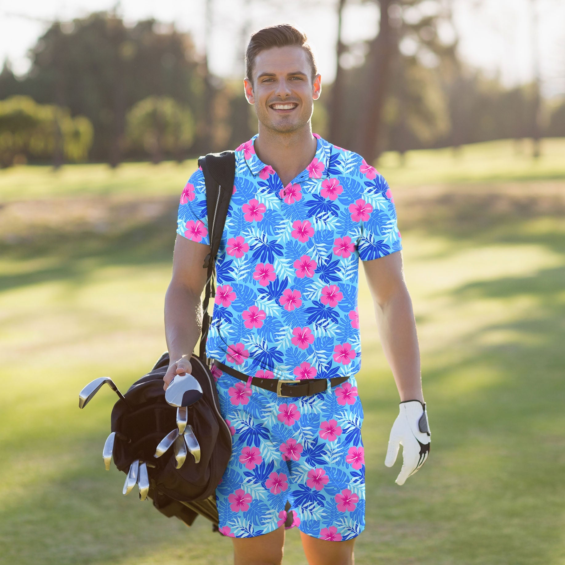 Men's Golf Set with vivid bloom floral polo and shorts, moisture-wicking, wrinkle-resistant, UPF 40+ protection, four-way stretch for comfort