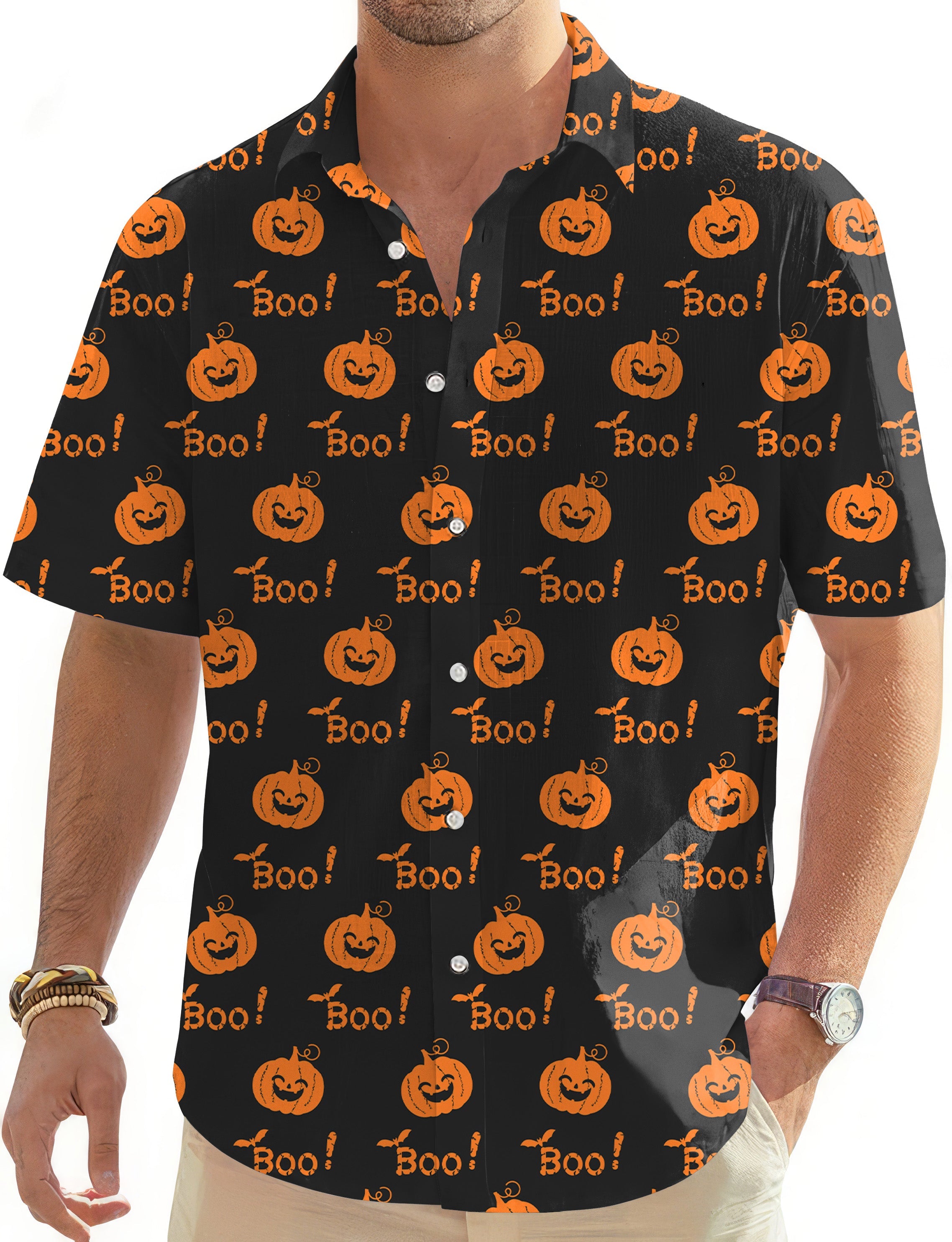 Halloween Boo Pumpkin men's Halloween-themed button-down Hawaiian shirt with pumpkin print