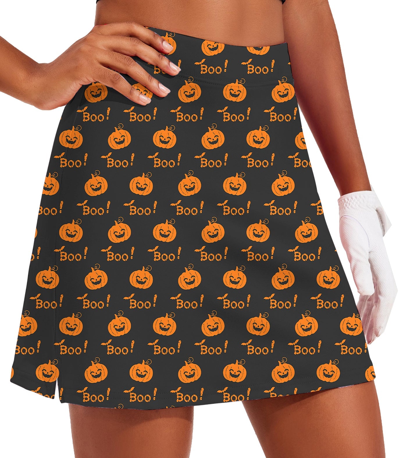 Women's Halloween Boo Pumpkin golf skirt with inner shorts and pocket, black with orange pumpkin and "Boo!" print