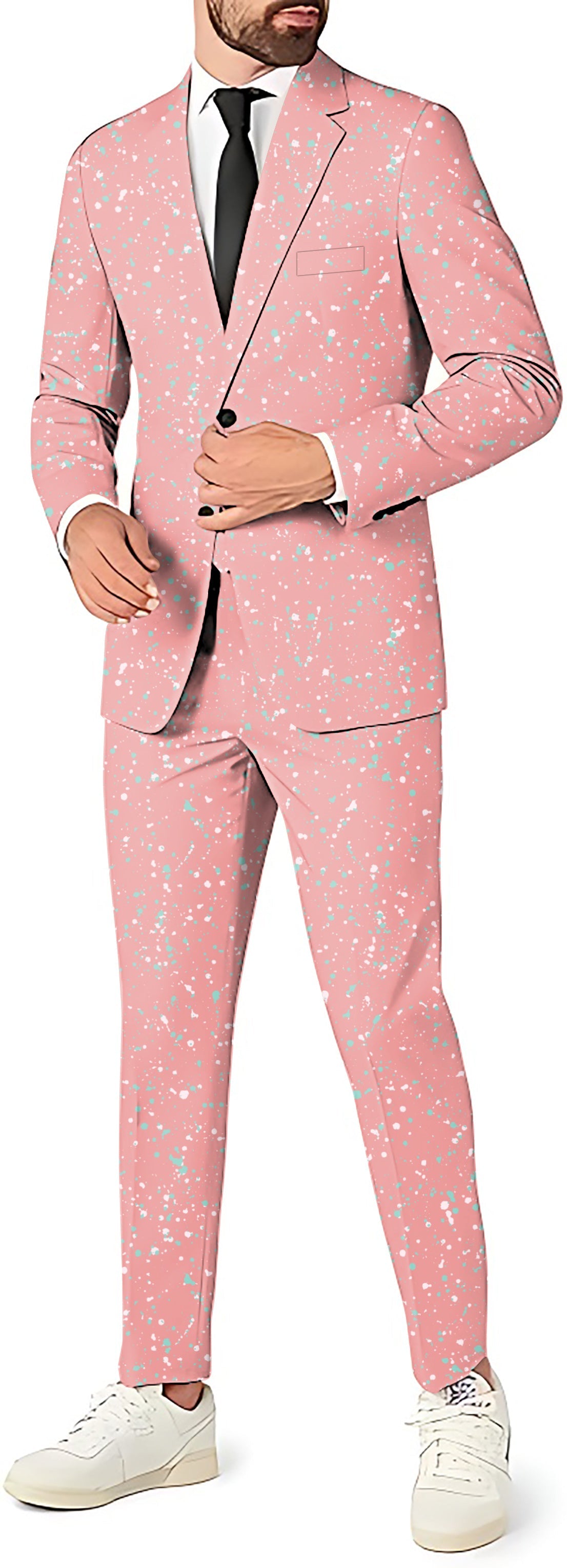 Paint splatter men's party costume suit set with blazer, pants, and vest in pink slim fit style