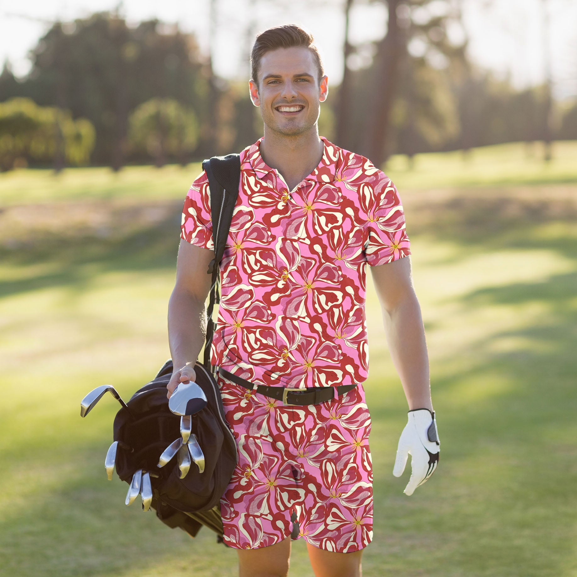 Men's golf set polo and shorts in sunset blossom pattern with four-way stretch and moisture-wicking fabric