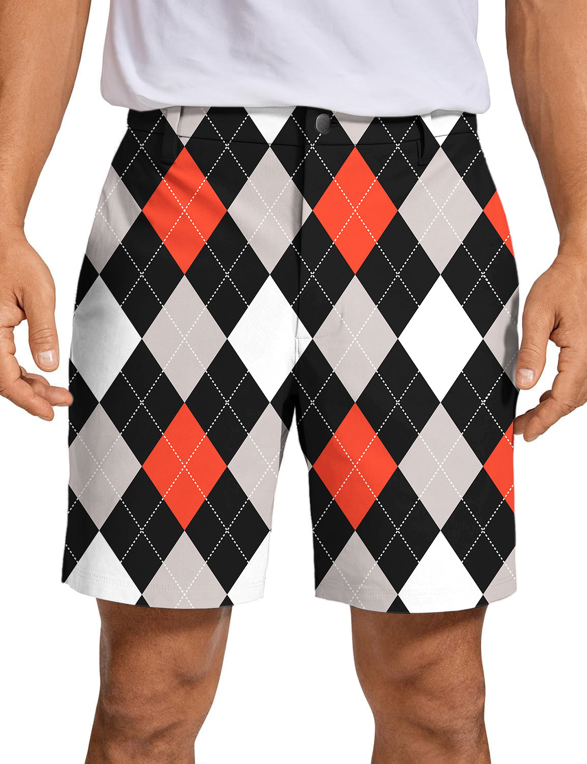 Men's Argyle red black golf shorts with breathable, quick-dry fabric and two-way stretch for comfort and style