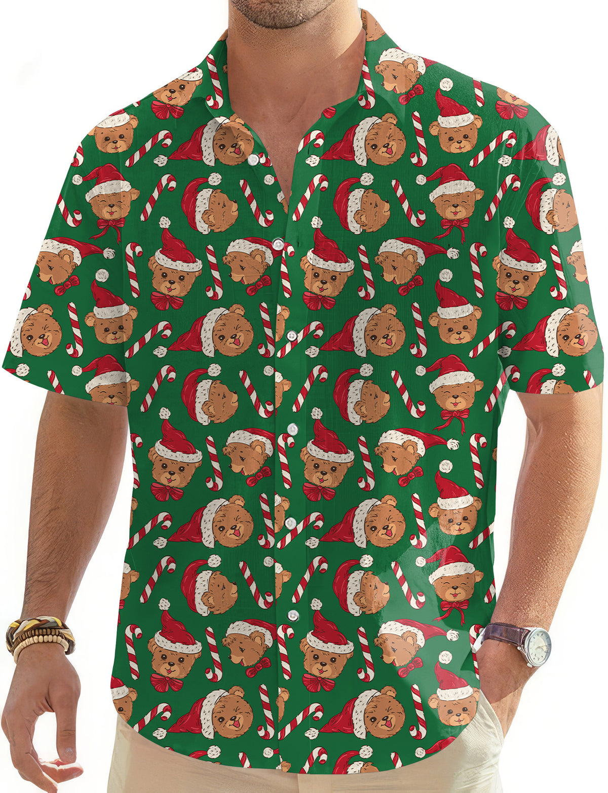 Green Christmas Teddy Bear Men's Golf Hawaiian Shirts Button Down Shirt