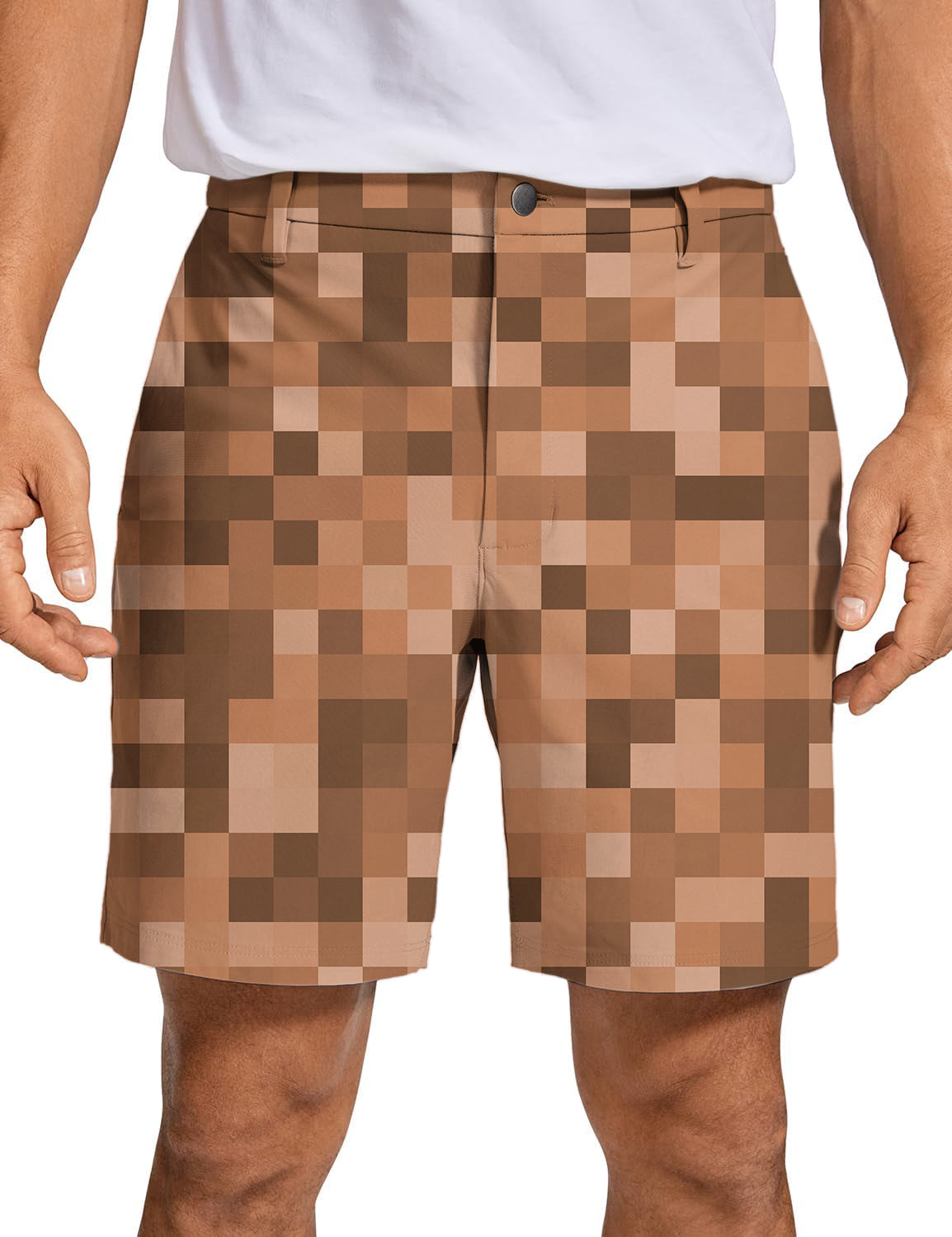 Men's brown pixel pattern big golf shorts with quick-dry, breathable fabric and two-way stretch for comfort and style