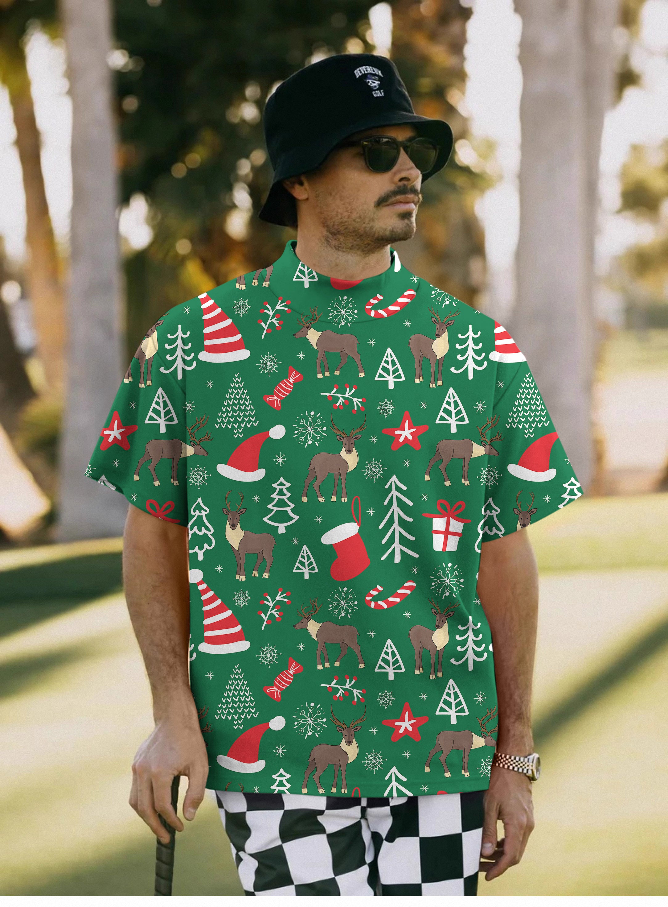 Men's Elk deer Christmas Pullover High neck Long/Short sleeve T-Shirt