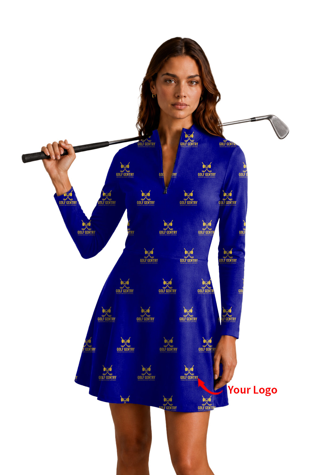 Custom Company Sport Team Logo Face Women's Golf Long Sleeve Zipper Dresses Comes with separate matching shorts