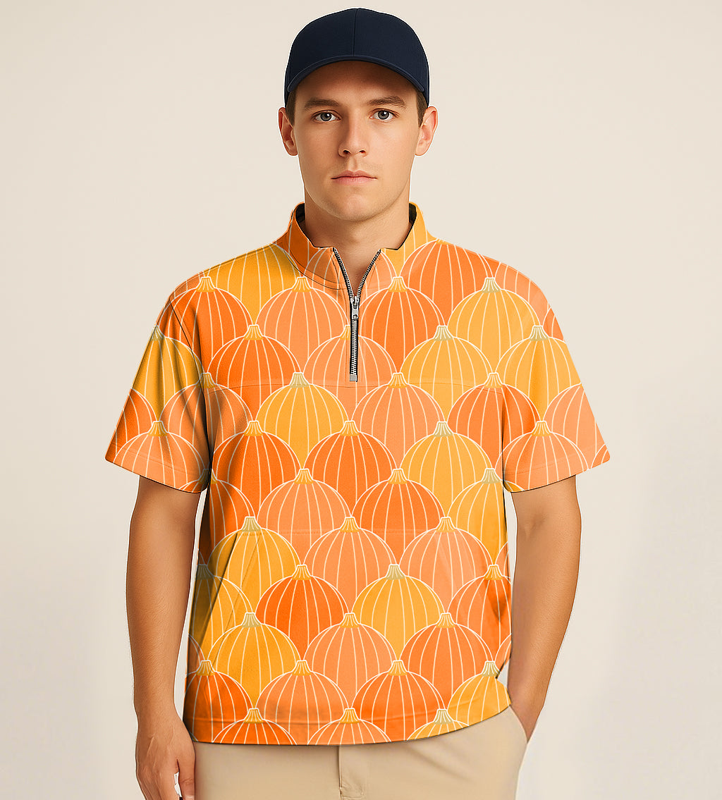 Half zipper turtleneck golf shirt with Halloween pumpkin embroidery and short sleeves