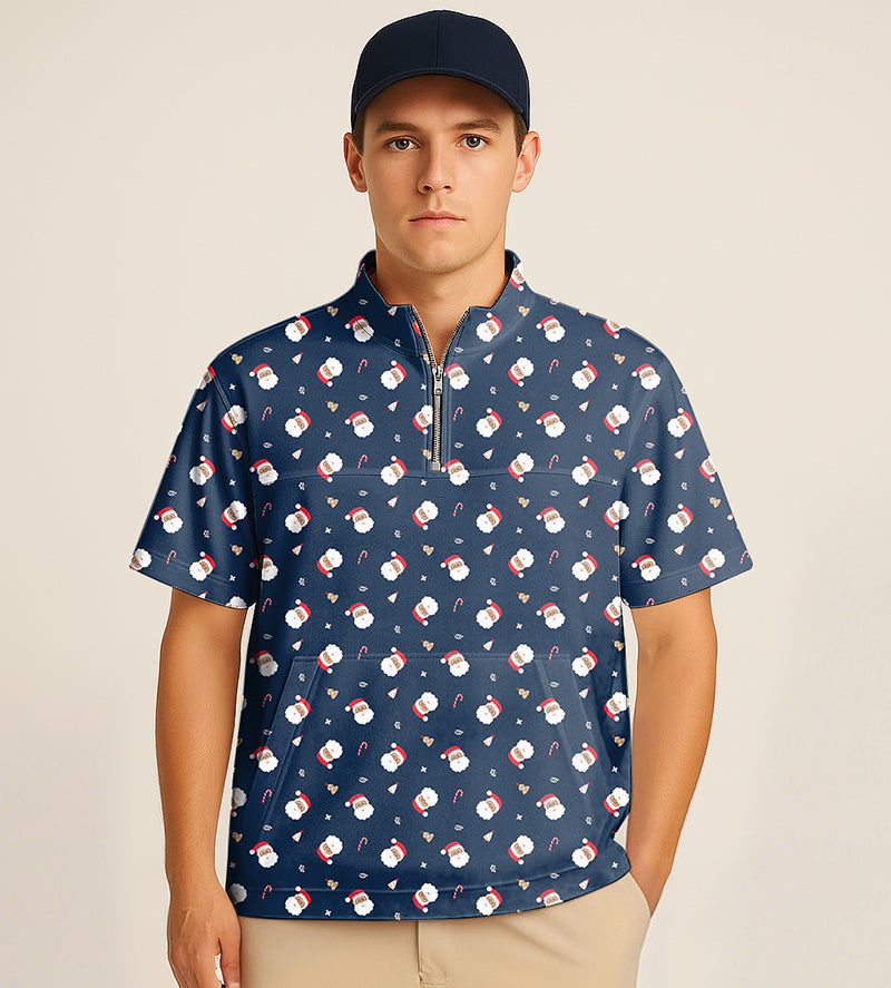 Men's half zipper turtleneck golf shirt with Santa Claus and candy cane embroidery in navy blue
