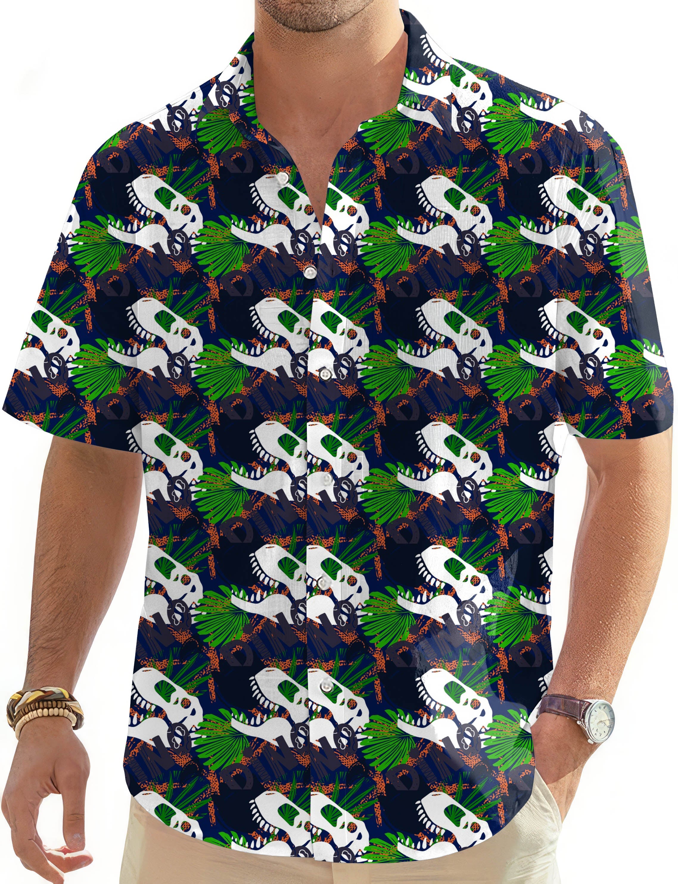 Men's Hawaiian shirt with dinosaur fossil print and short sleeves, button-down design for casual summer wear