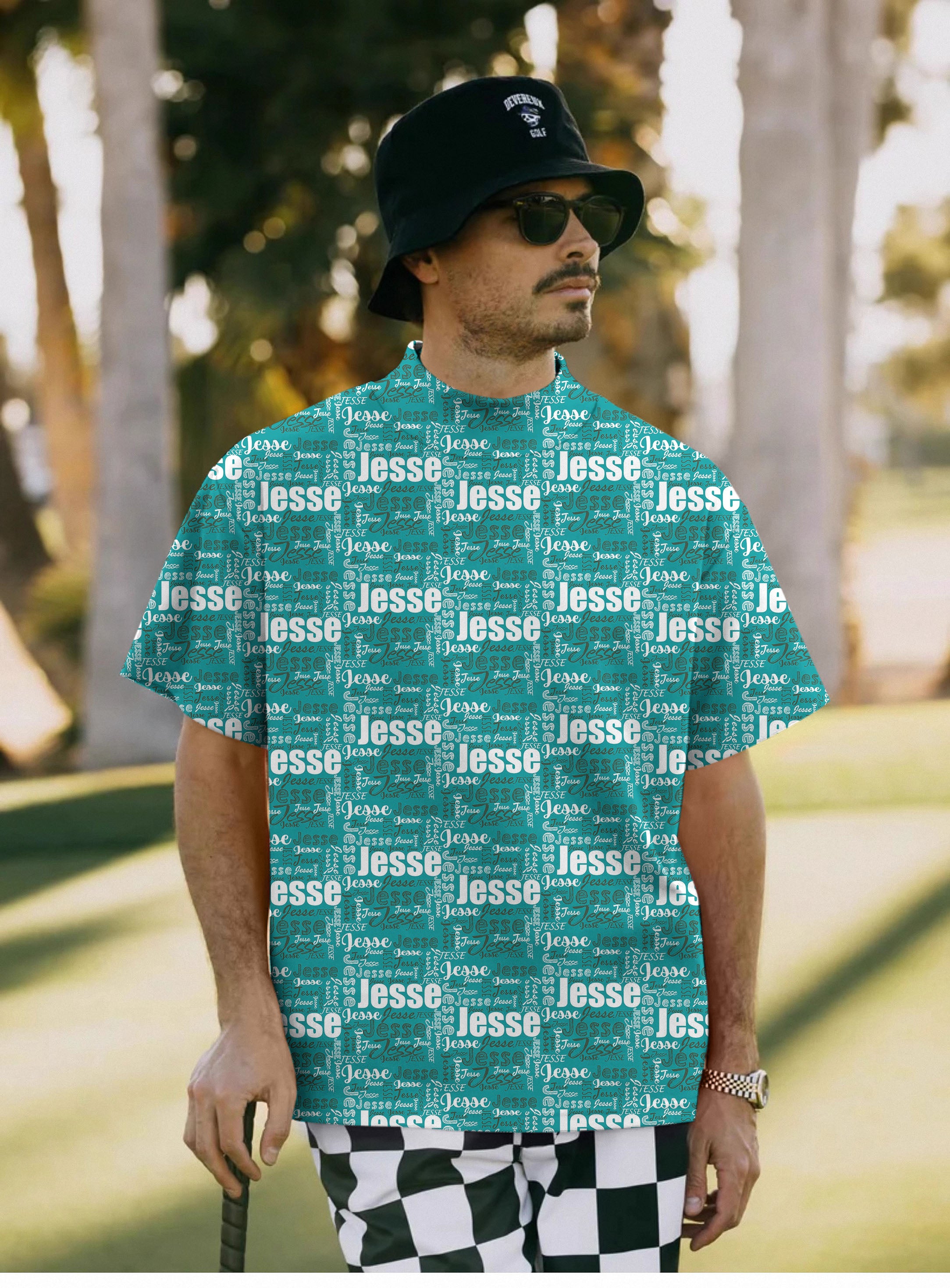 Men's Custom name teal Pullover High neck Long/Short sleeve T-Shirt
