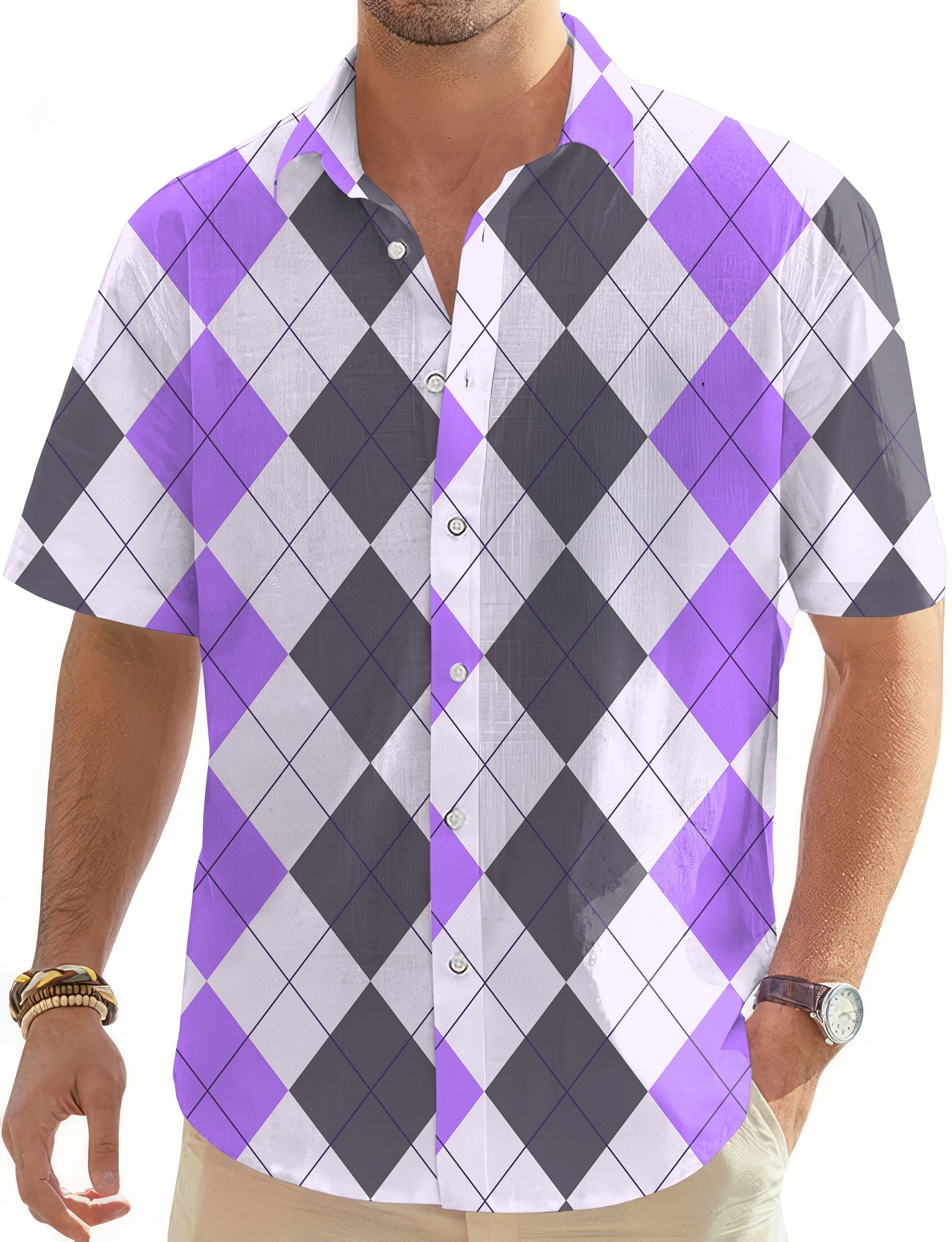 Purple grey argyle men's golf button-down Hawaiian shirt with short sleeves and classic collar