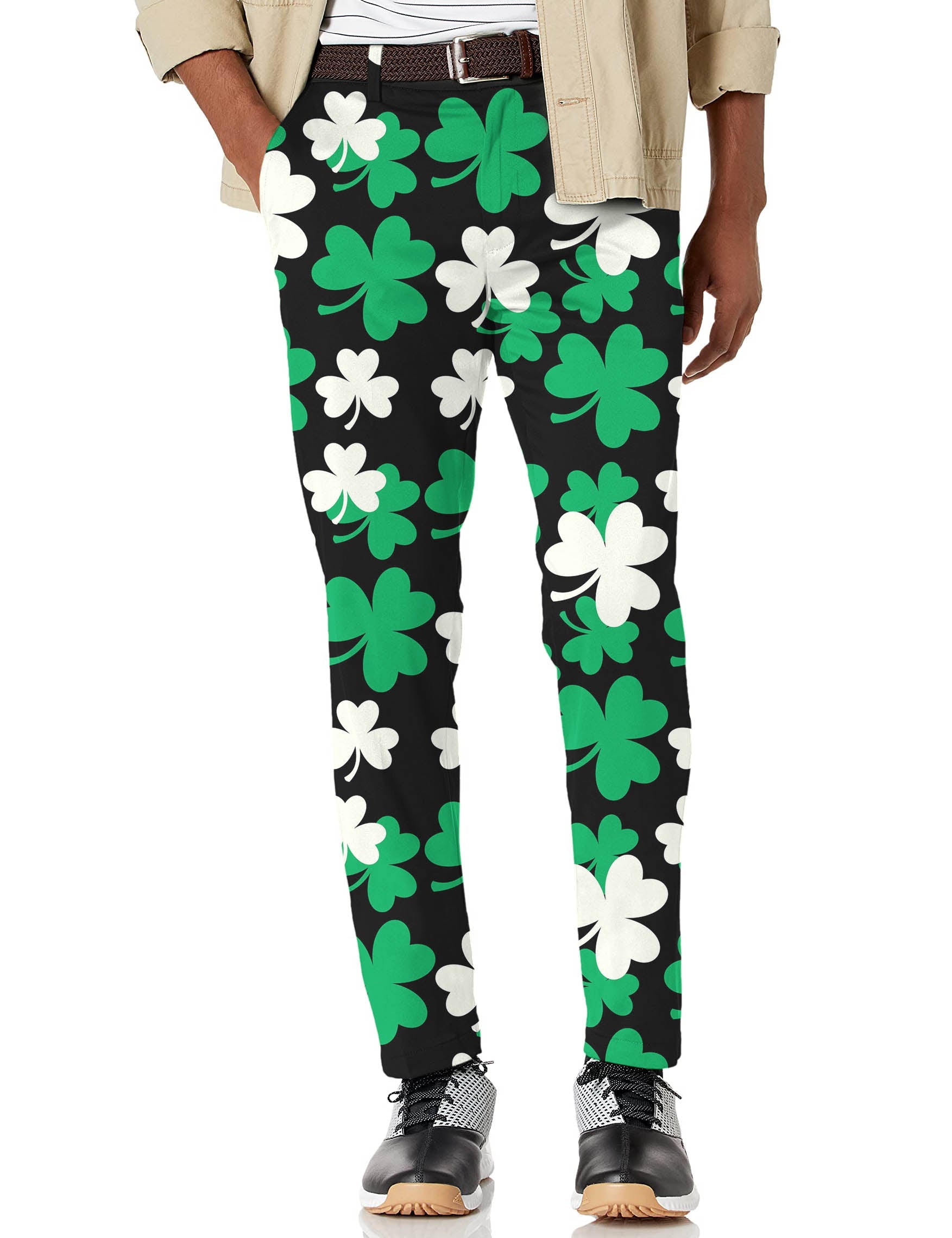 Men's leaf clover patterned St. Patrick's Day stretch golf pants with moisture-wicking fabric and active waistband