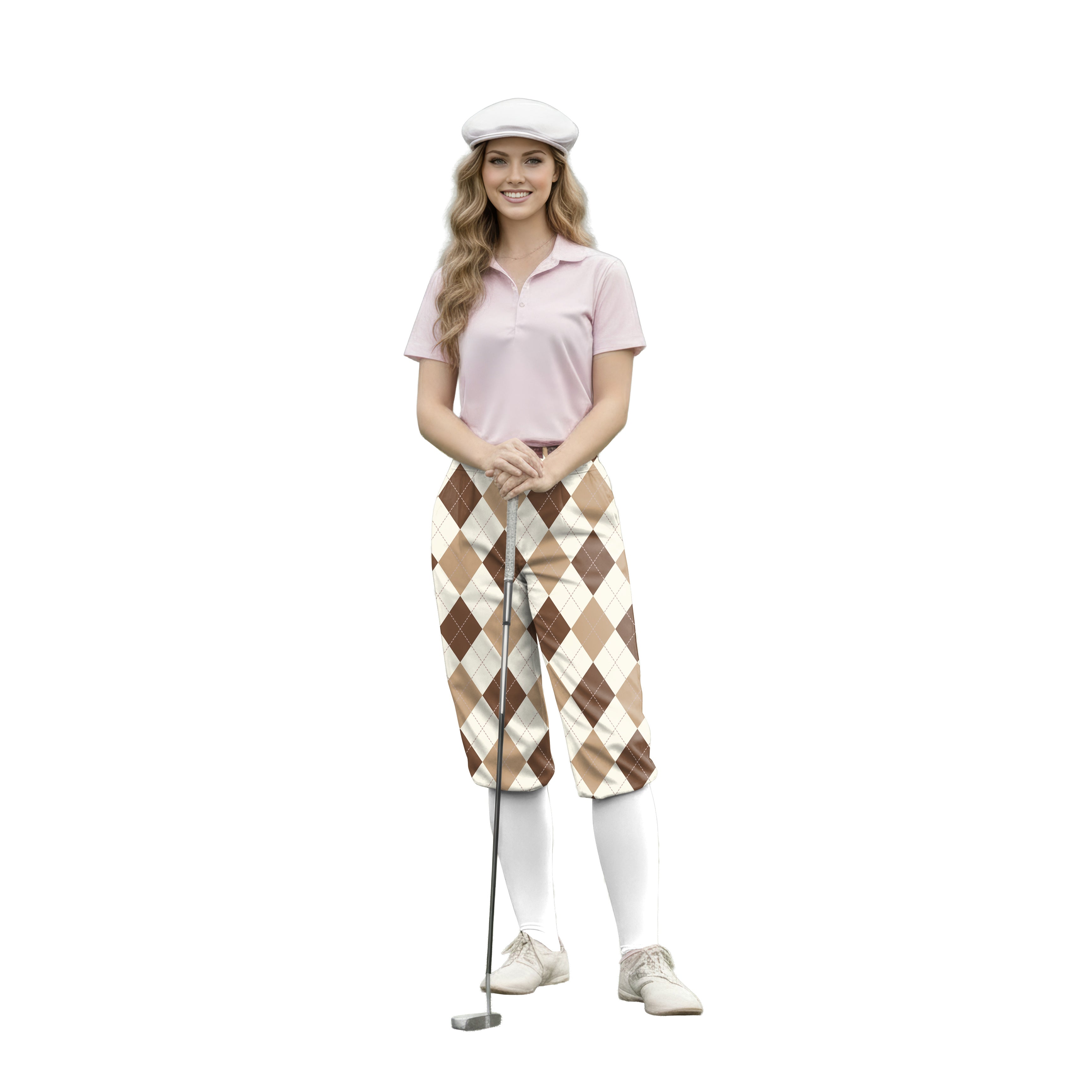 woman wearing brown argyle womens golf knickers with white knee socks and pink polo shirt holding golf club