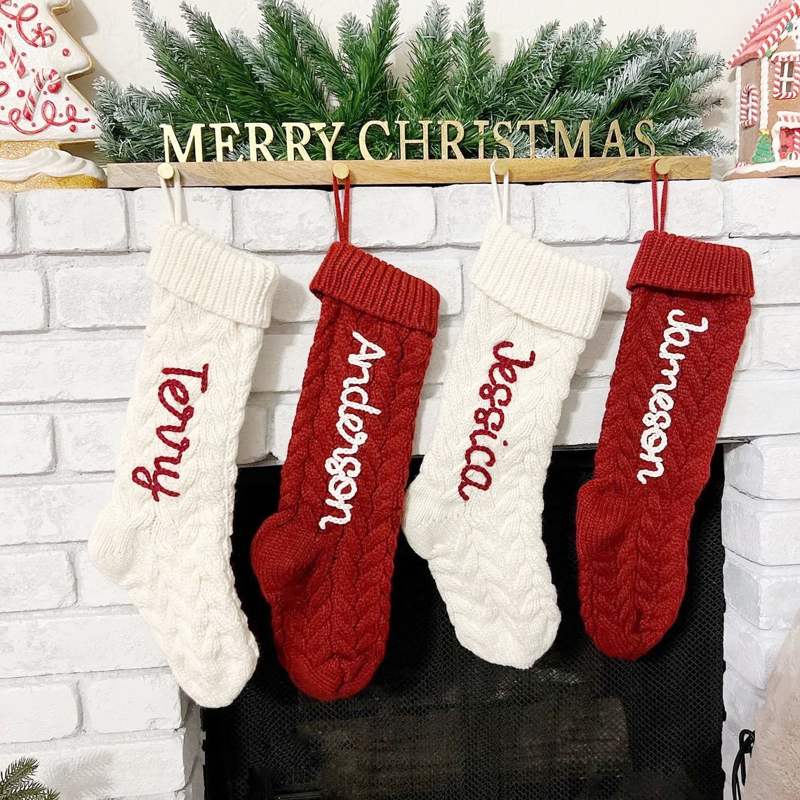 Hand Knitted Personalized Stockings embroidery Socks Merry Christmas Gift