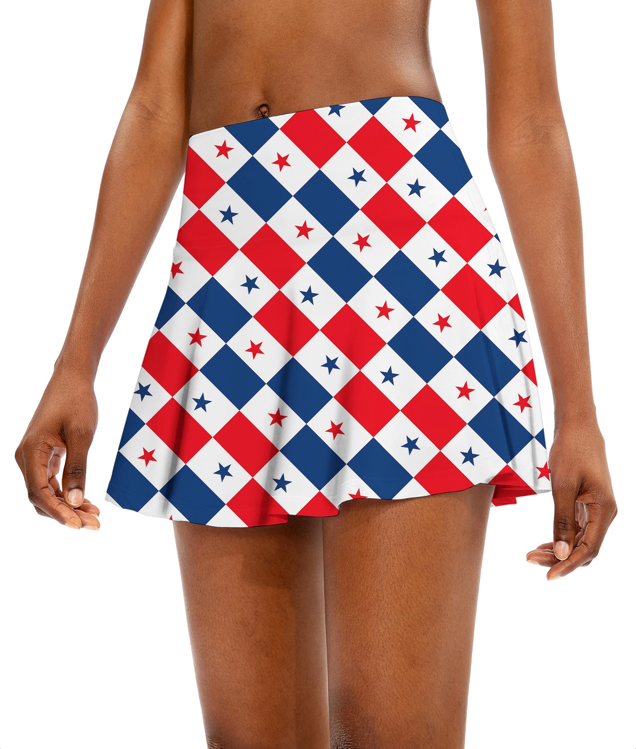 Women's athletic golf skort with Argyle US Star flag pattern, flared skirt design