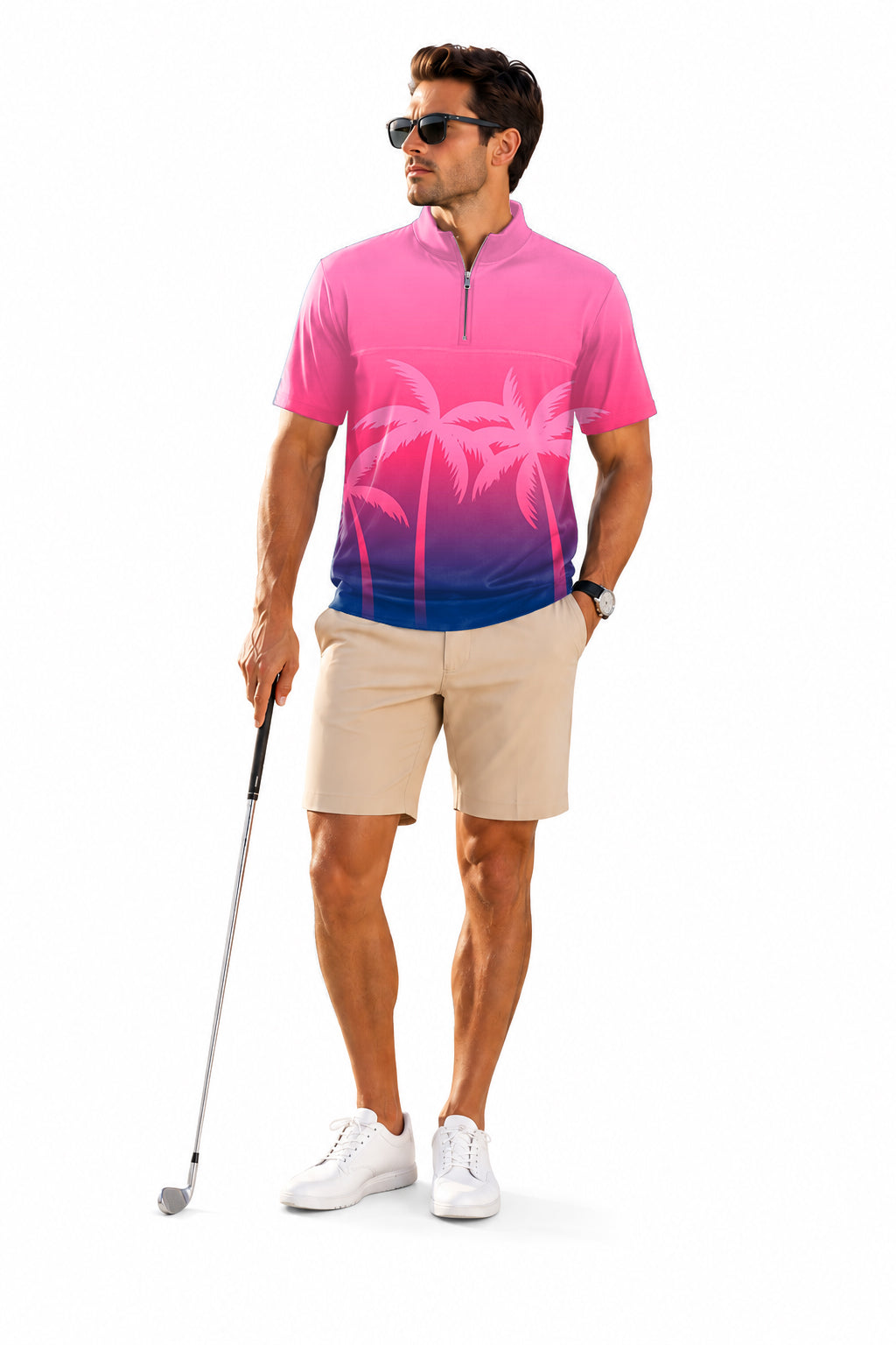 Men's Short Sleeve Quarter Zip Golf Pullover Pink Palm Paradise Embroidery