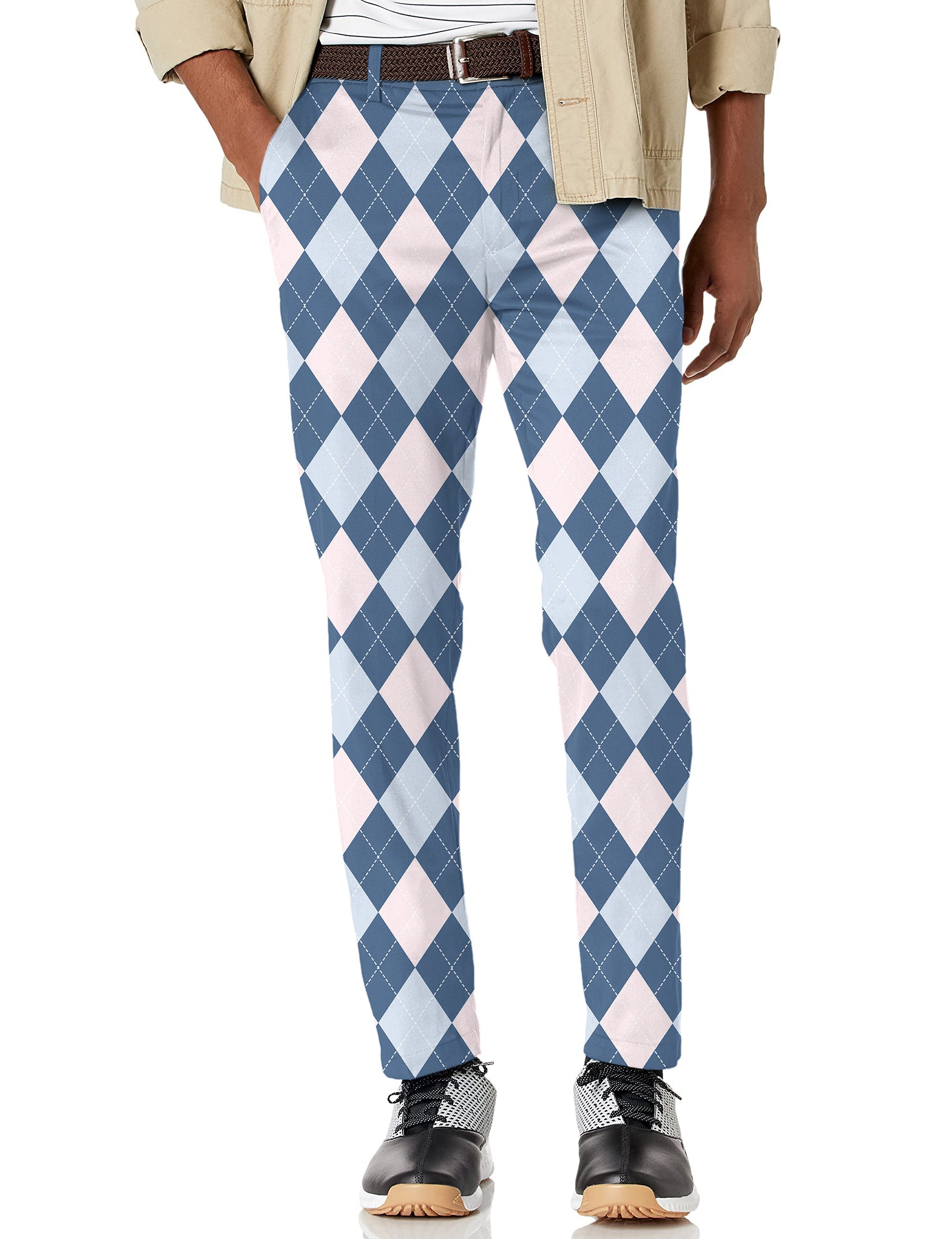 Men's blue argyle stretch golf pants with moisture-wicking fabric and active waistband