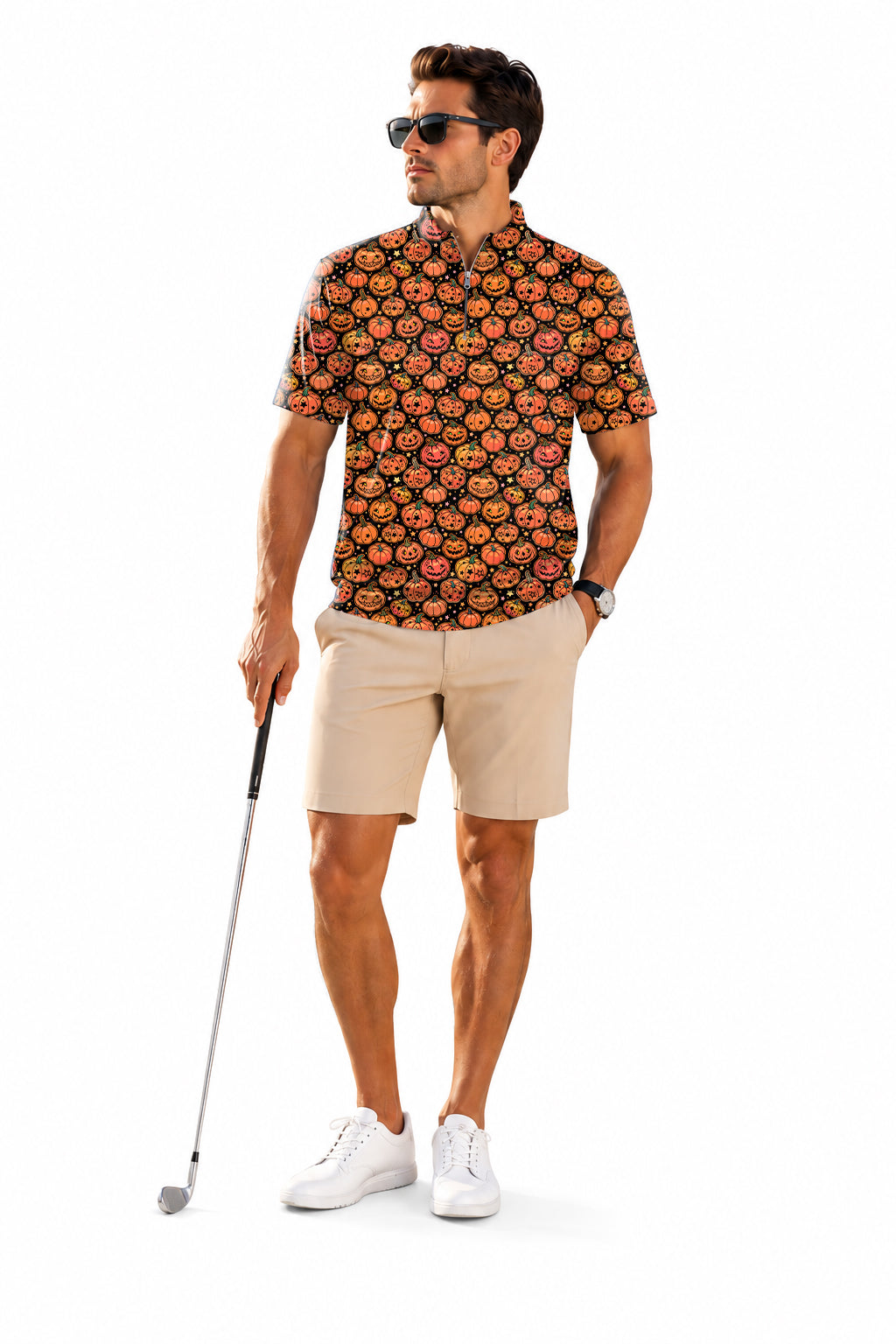 Men's Short Sleeve Quarter Zip Golf Pullover Halloween Star Pumpkin Bones Embroidery