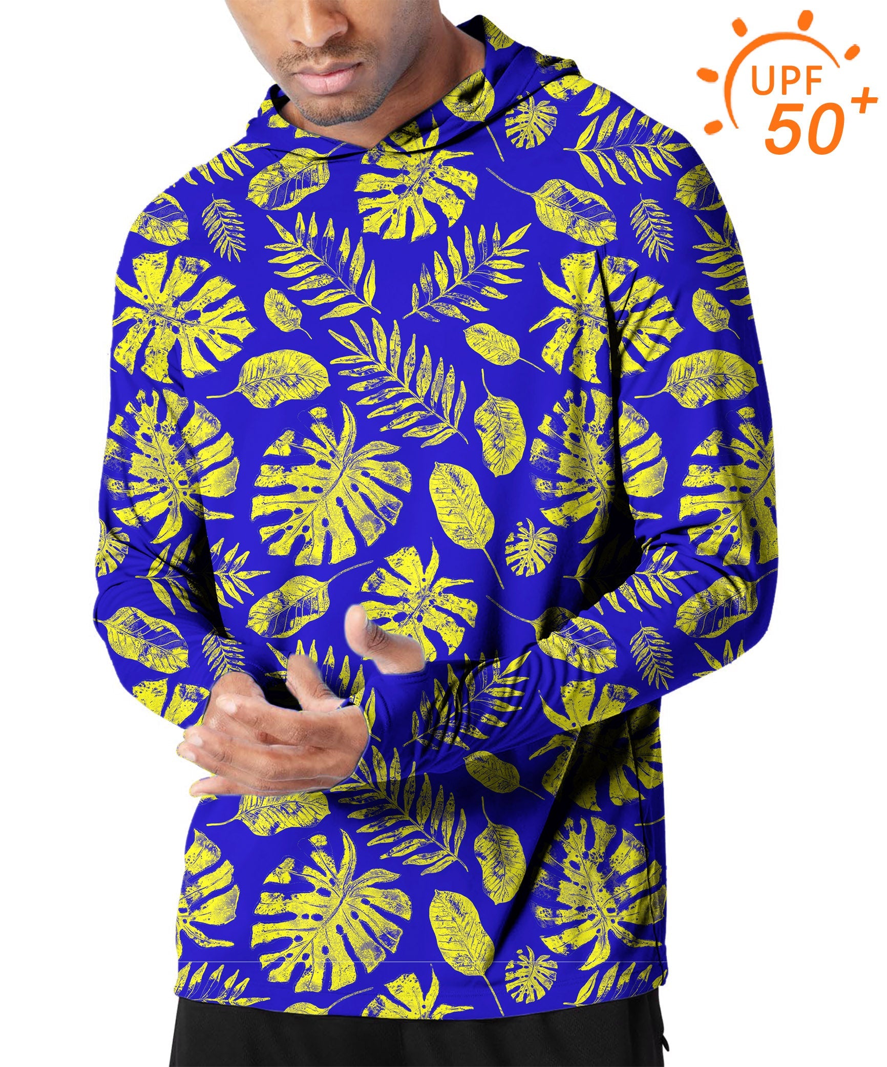 Men's outdoor tropical plants hooded sun protection slim fit hoodie with UPF 50+ breathable fabric and thumb holes
