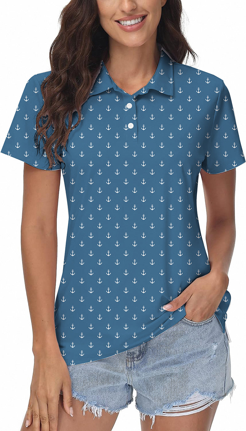 Sea Blue Anchor women's golf polo shirt with anchor print, four-way stretch, moisture-wicking, wrinkle-resistant fabric, UPF 40+ protection, and classic fit.