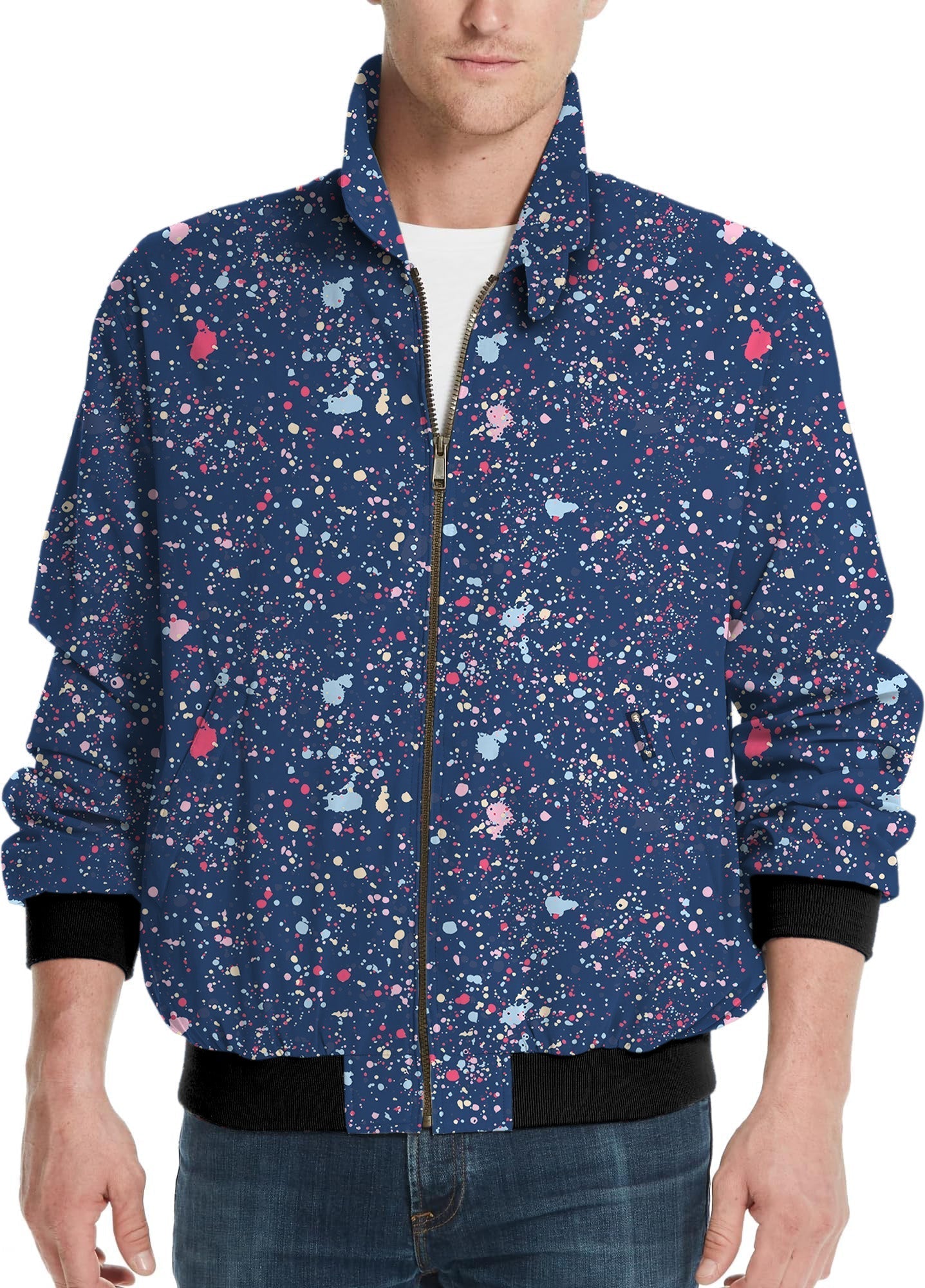 Men's navy blue ink splatter golf windbreaker jacket with custom logo options