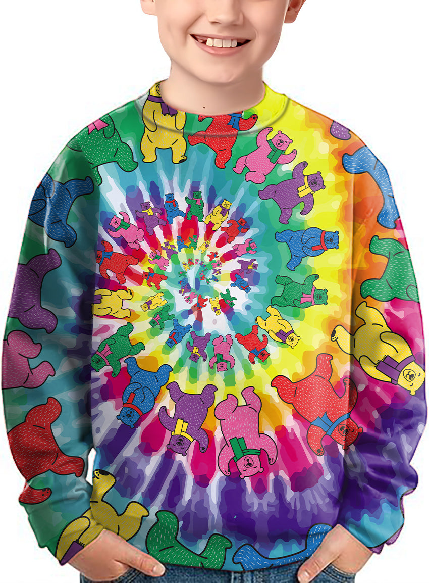 Kids colorful Kaleidoscope Bear Crewneck pullover with vibrant spiral bear pattern