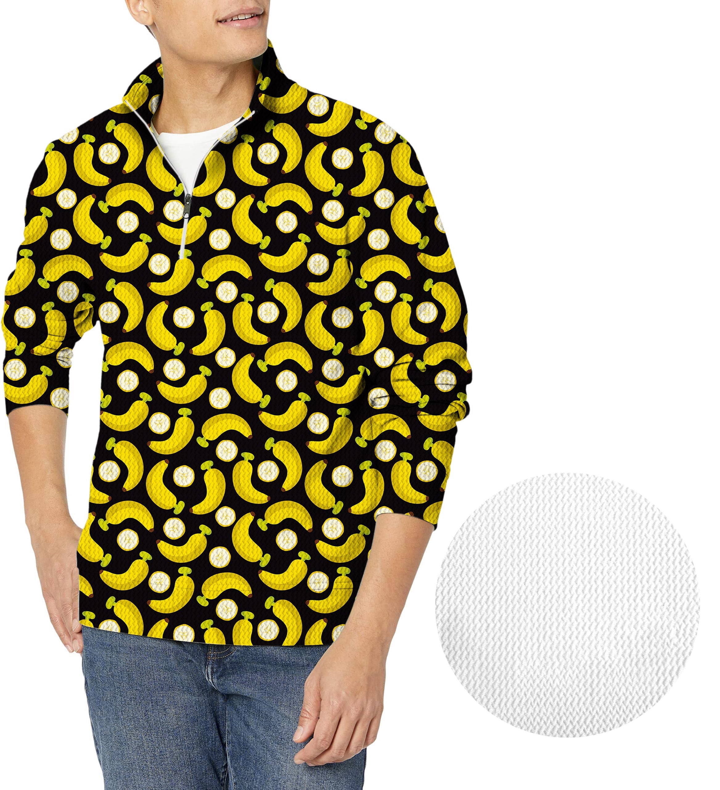 Men's golf pullover with Halloween bananas and banana peels pattern on black background