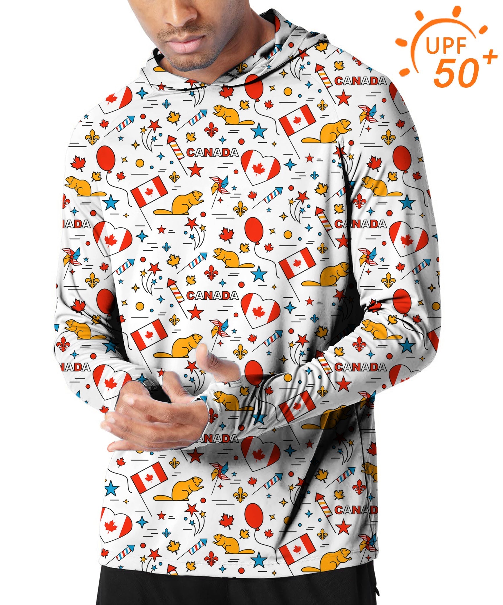 Men's slim fit outdoor hoodie with Canadian balloon squirrel golf print and UPF 50+ sun protection