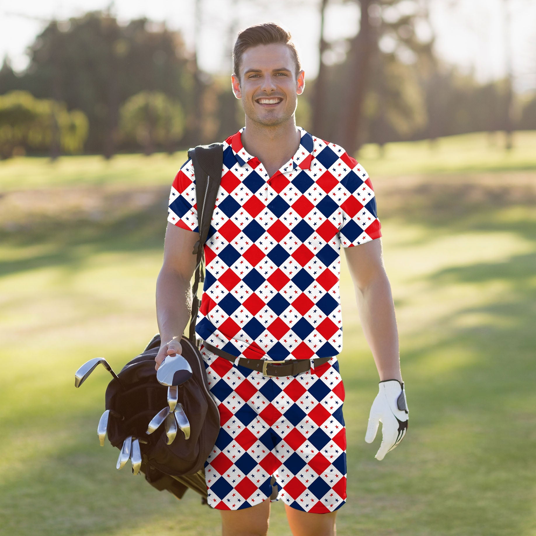 Men's Golf Set polo and shorts with Argyle US star flag pattern, moisture-wicking, stretch fabric, UPF 40+ protection.